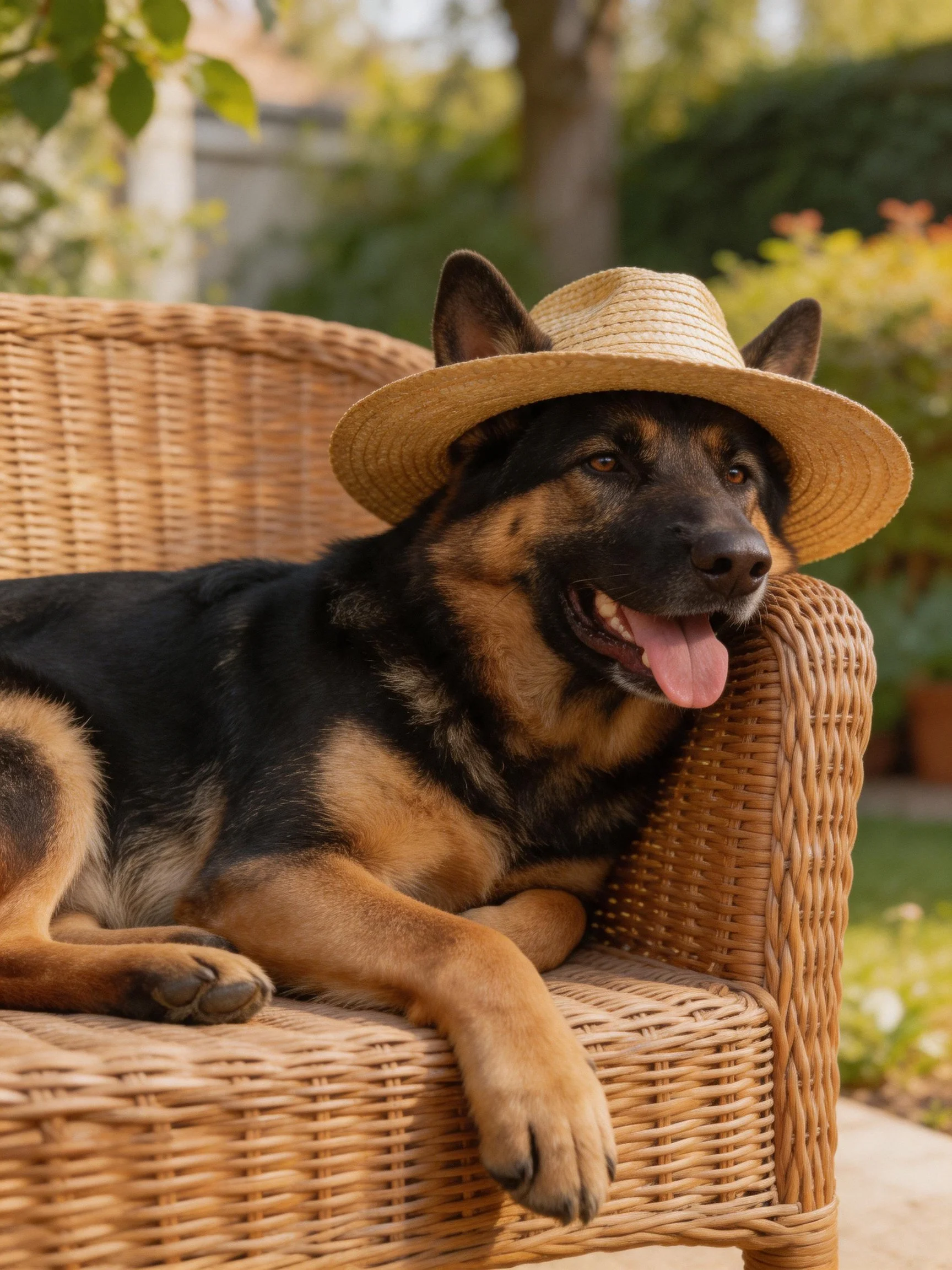 A German Shepherd relaxes on a wicker chair with a straw hat in an outdoor setting.