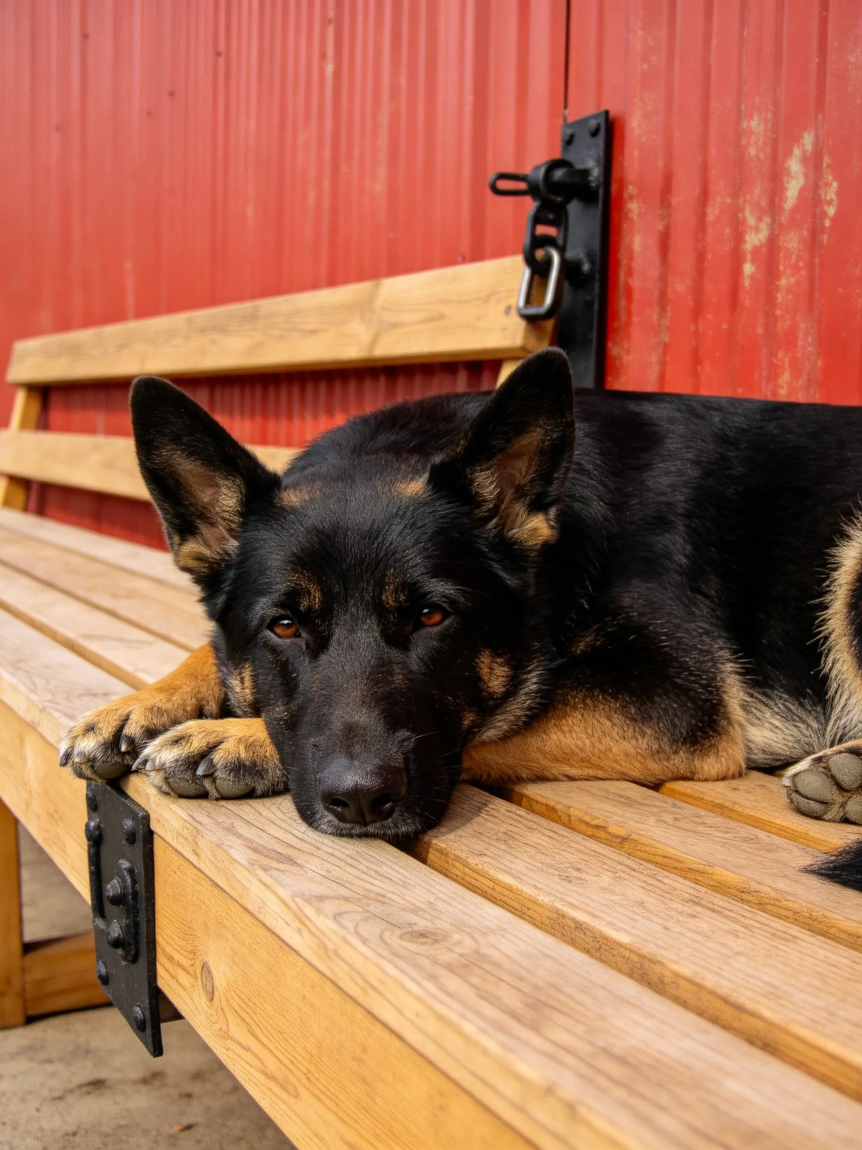 A German Shepherd lies on a wooden bench near a red metal structure