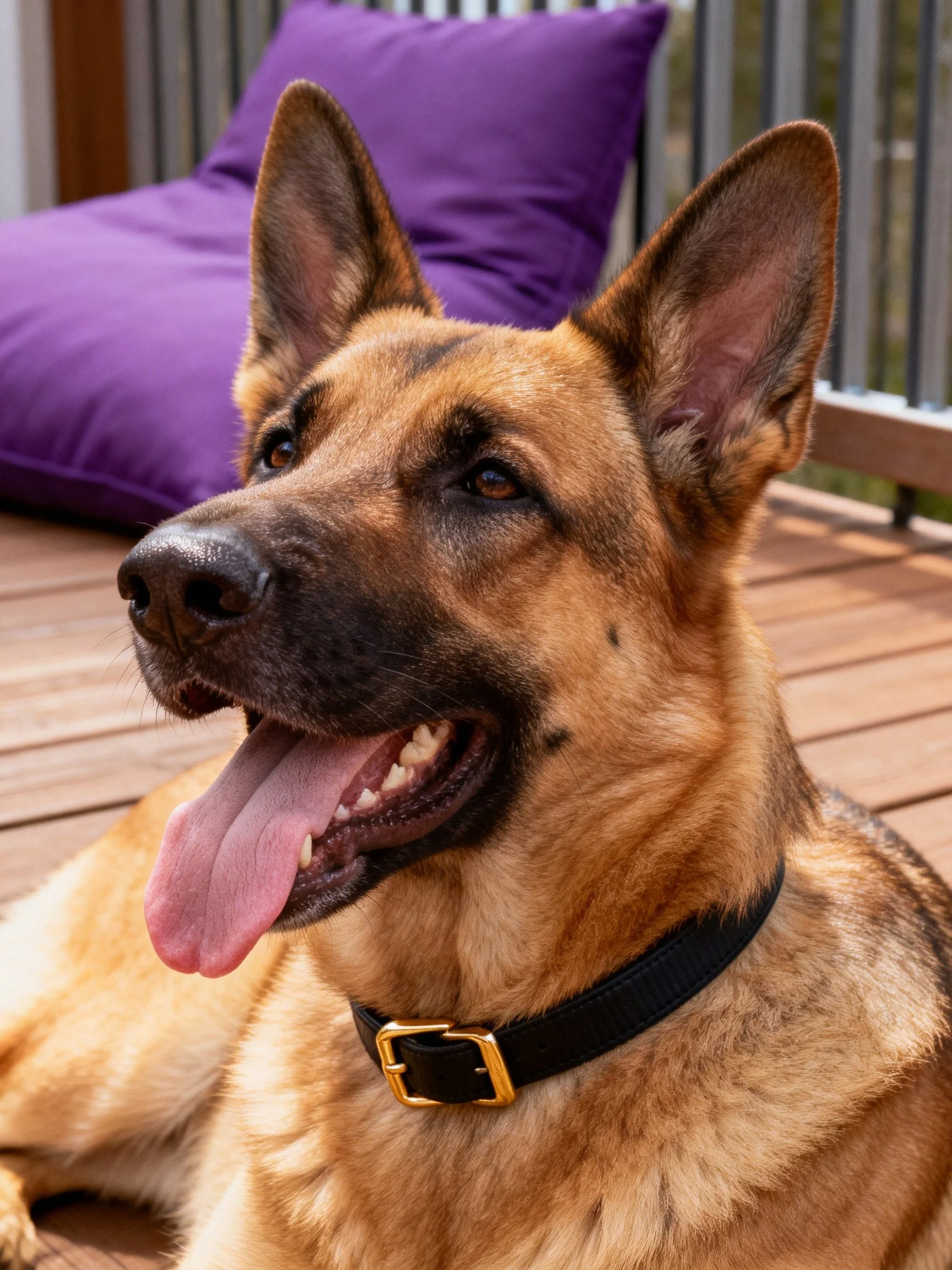 A German Shepherd relaxes on a wooden deck with a purple cushion in the background.