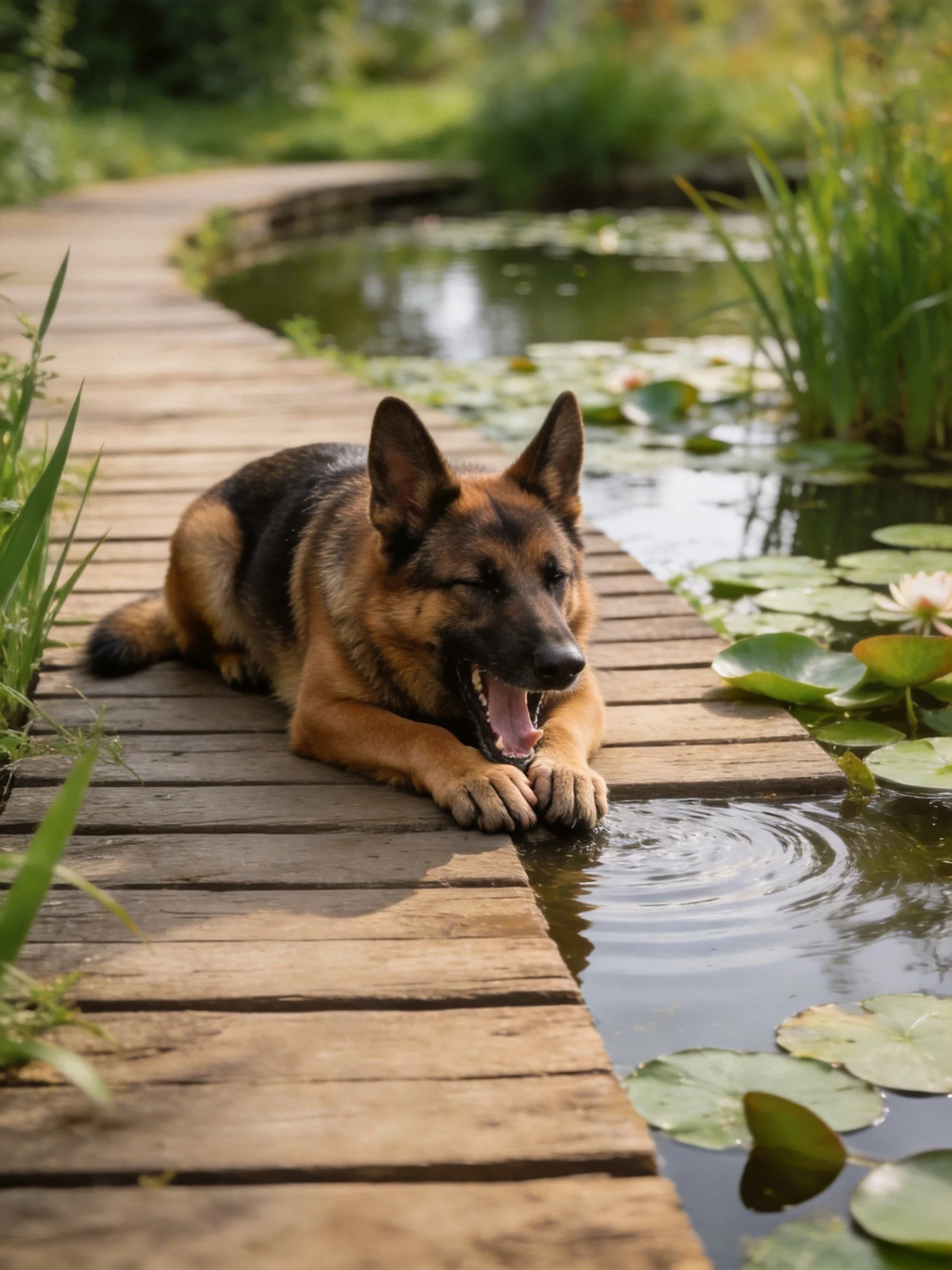 A German Shepherd relaxes on a wooden path next to a pond with water lilies.