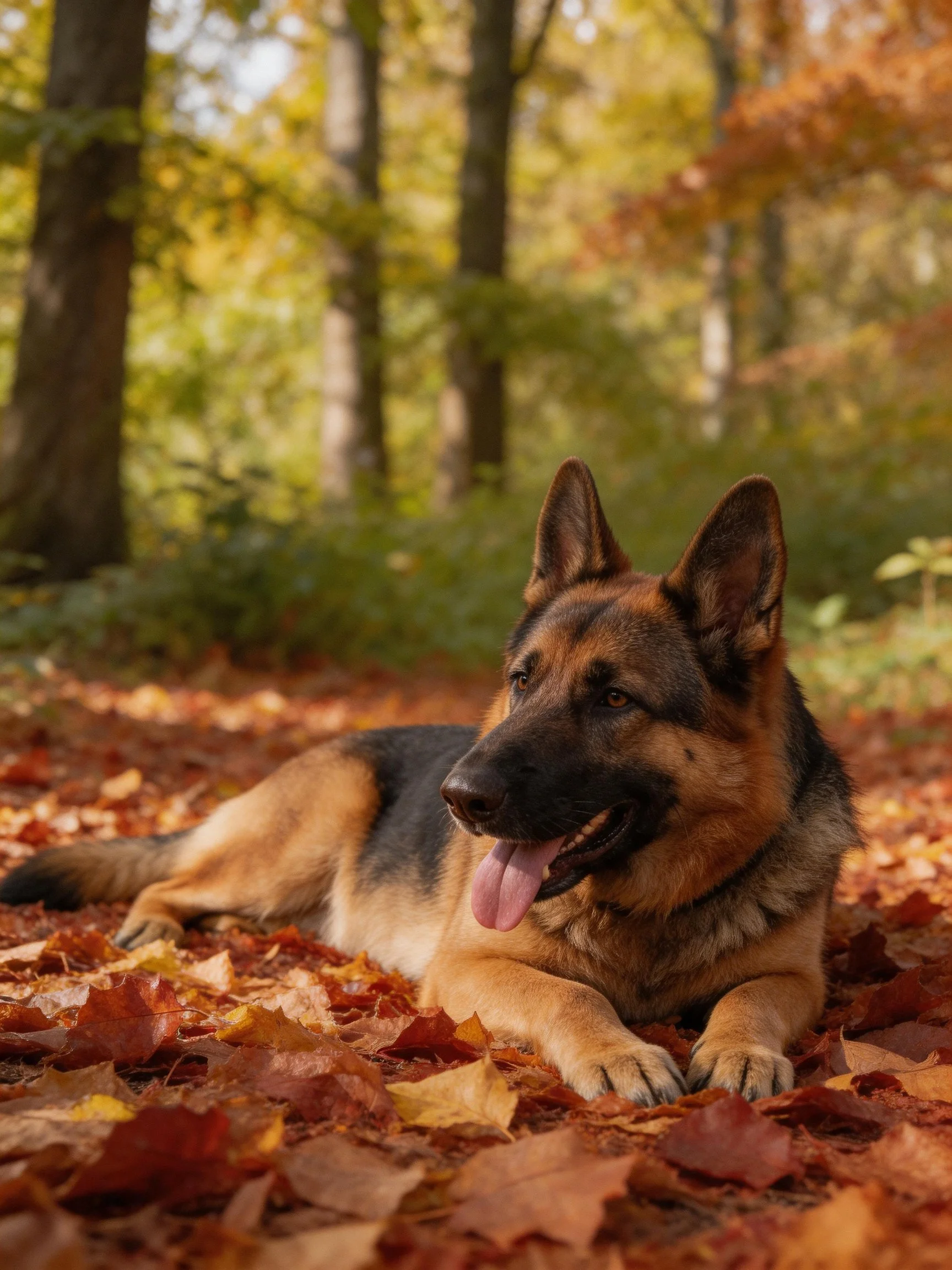 A German Shepherd relaxes on fallen autumn leaves amid a forest backdrop.