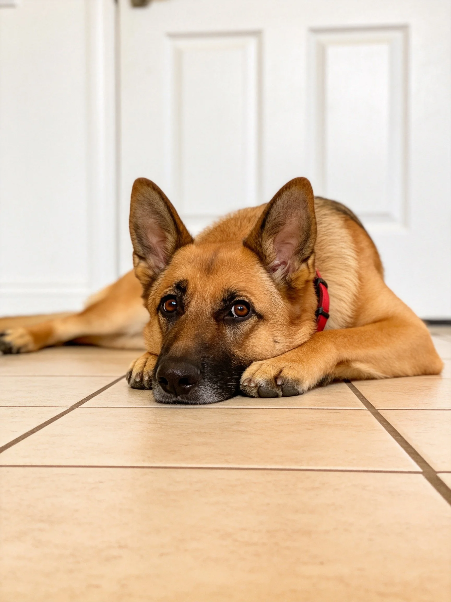A German Shepherd lies on a tiled floor near a white door