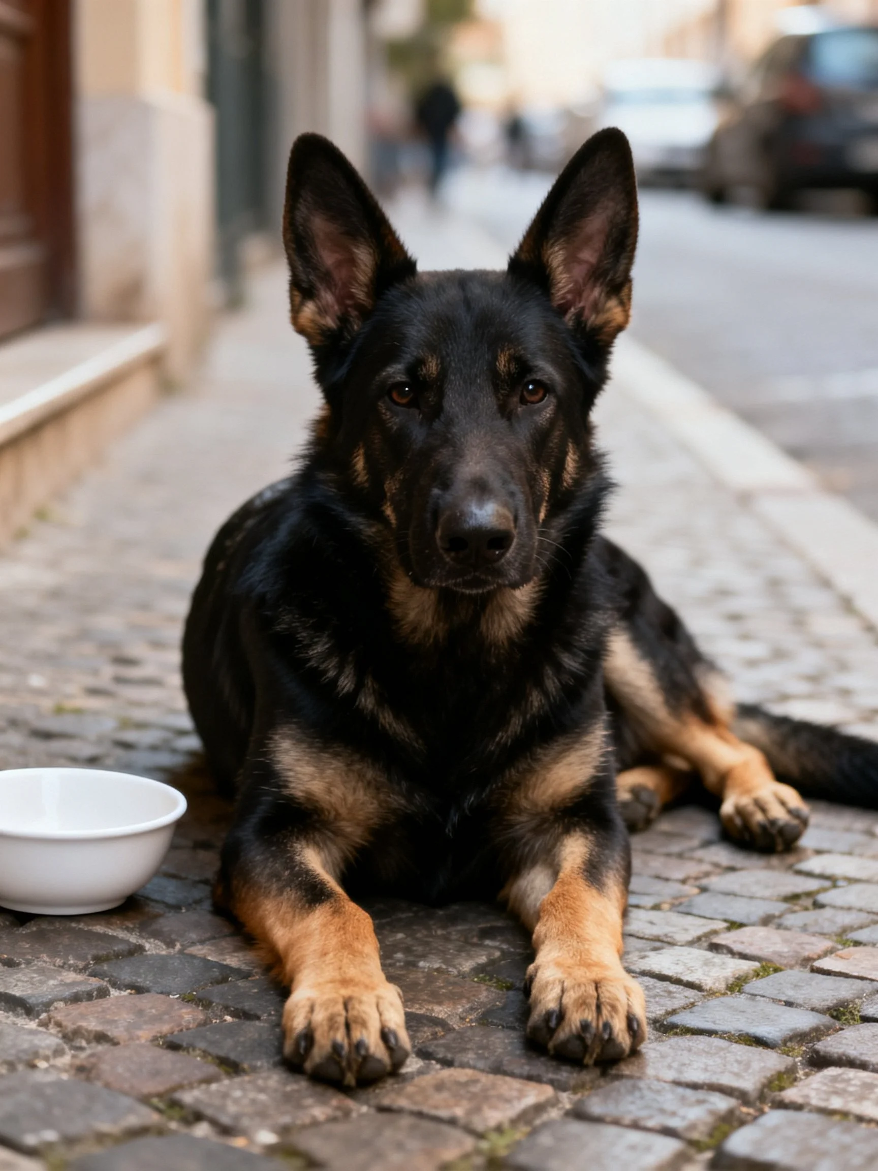 A German Shepherd rests on cobblestones beside a white bowl