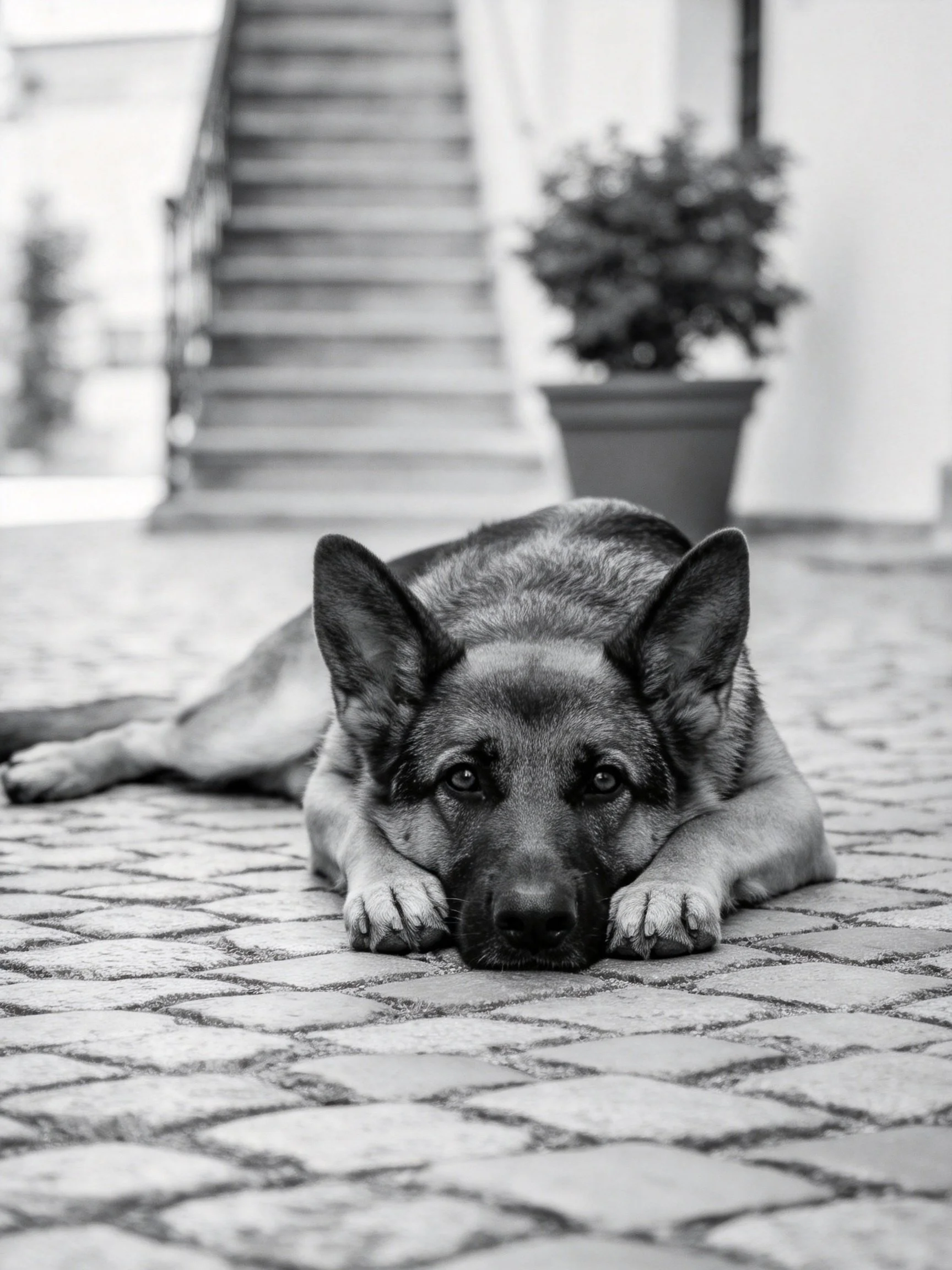 A German Shepherd relaxes on cobblestones beside stone stairs