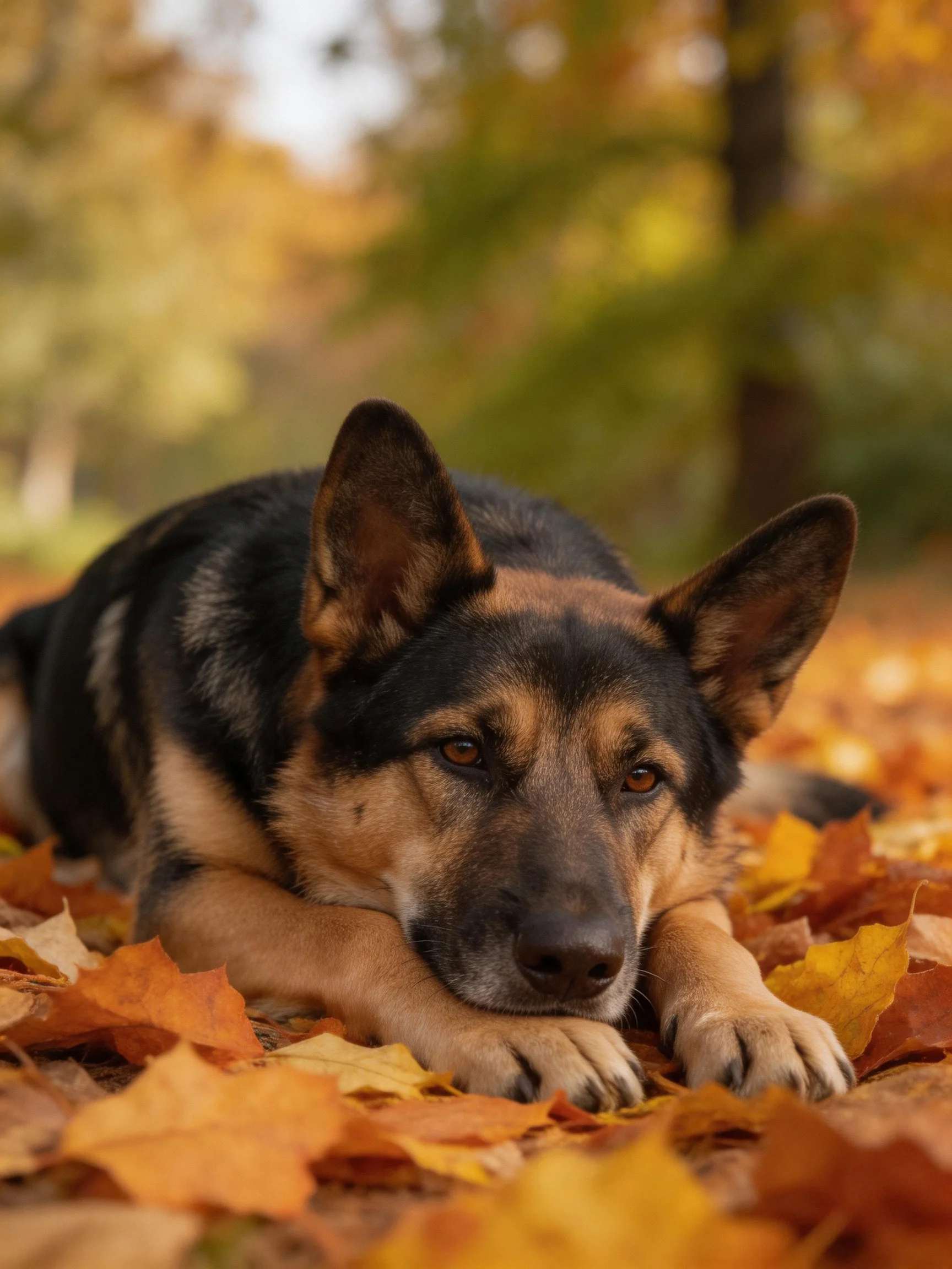 A German Shepherd rests on colorful autumn leaves in a forest clearing