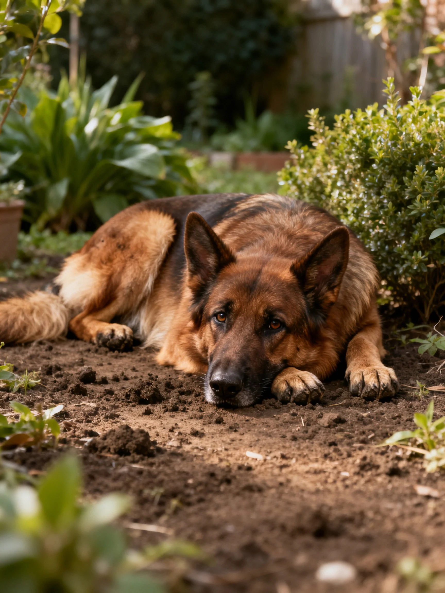 A German Shepherd rests among soil among green plants in a garden.