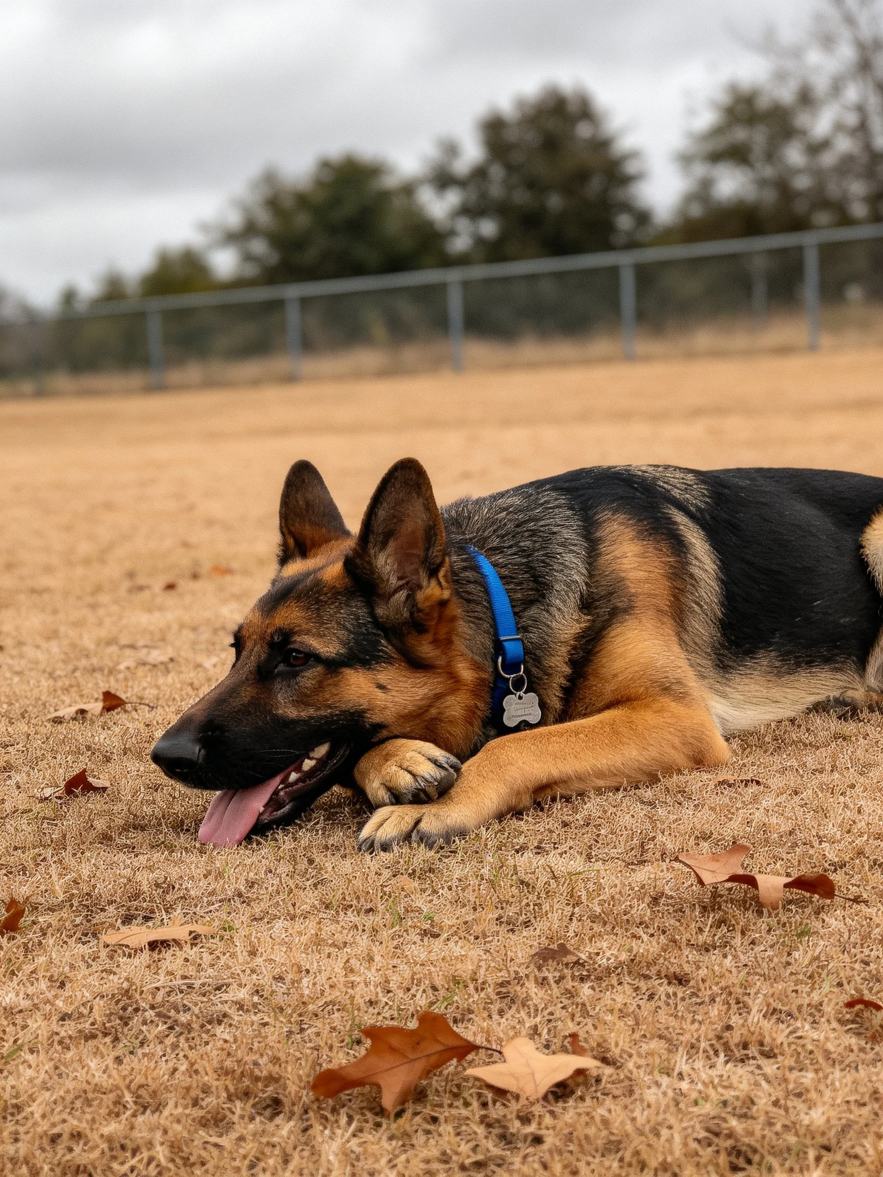 A German Shepherd relaxes on dry grass surrounded by autumn leaves.