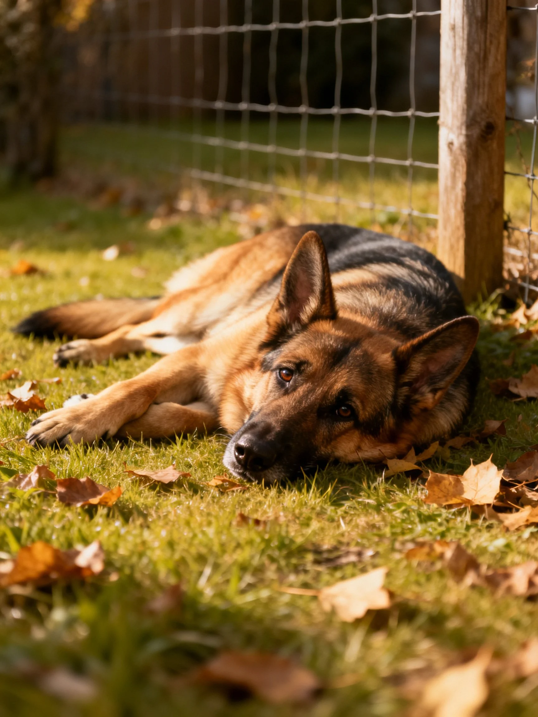 A German Shepherd lies on grass surrounded by fallen leaves next to a wire fence.