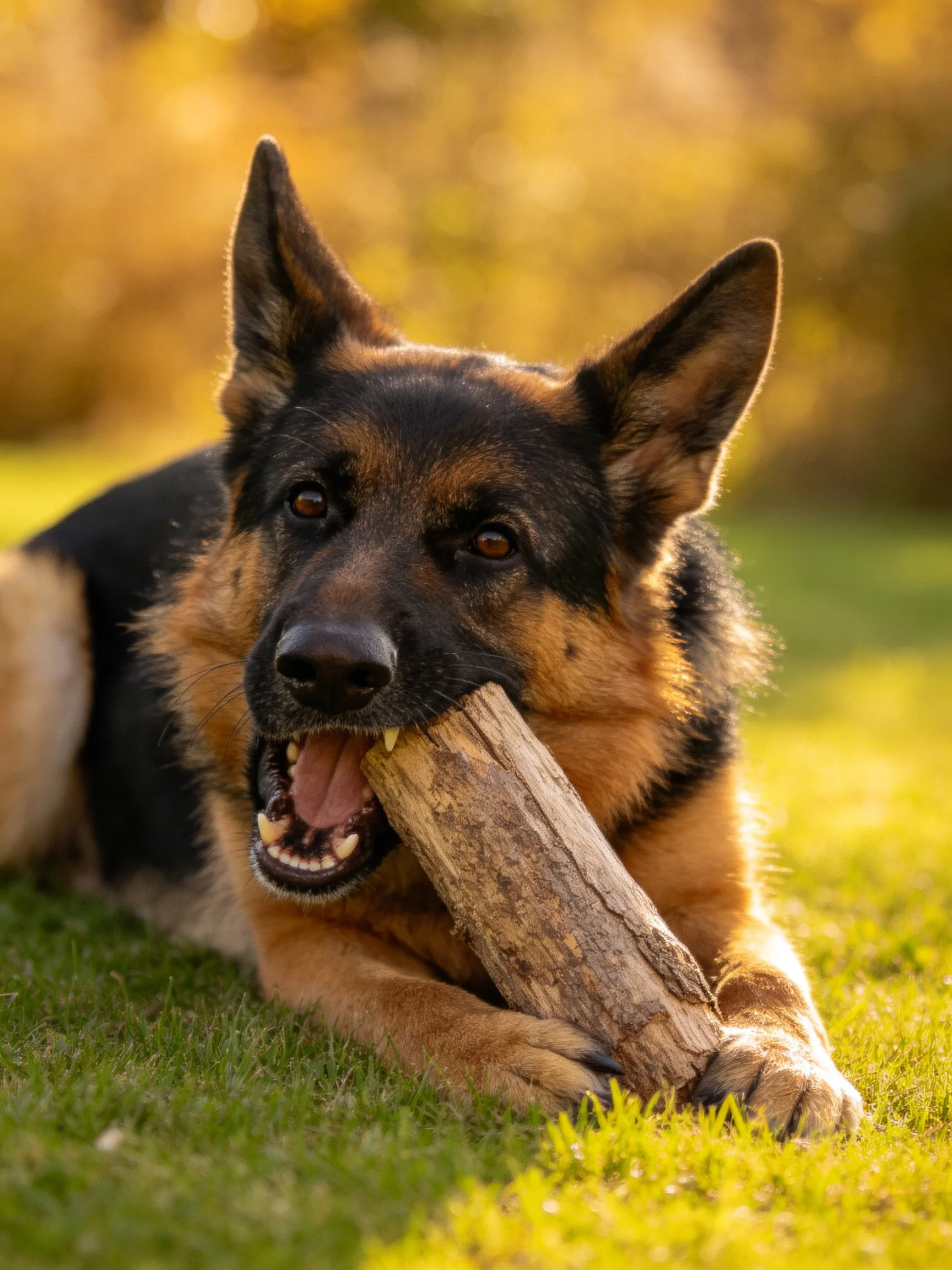 A German Shepherd lies on grass holding a wooden stick.