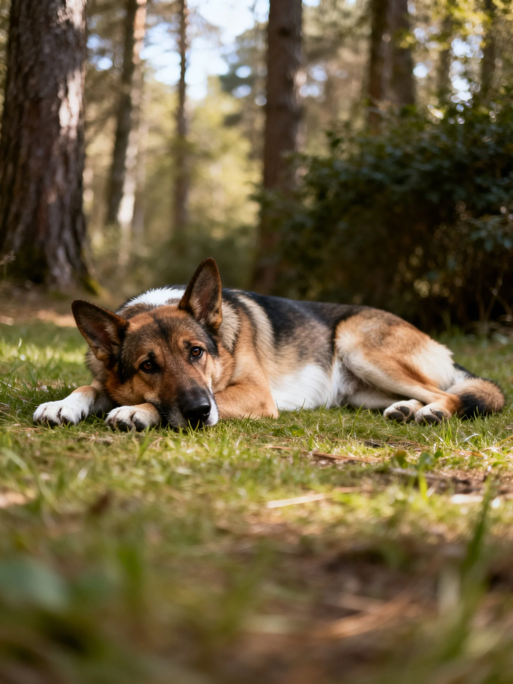 A German Shepherd relaxes on grass in a sunlit forest.