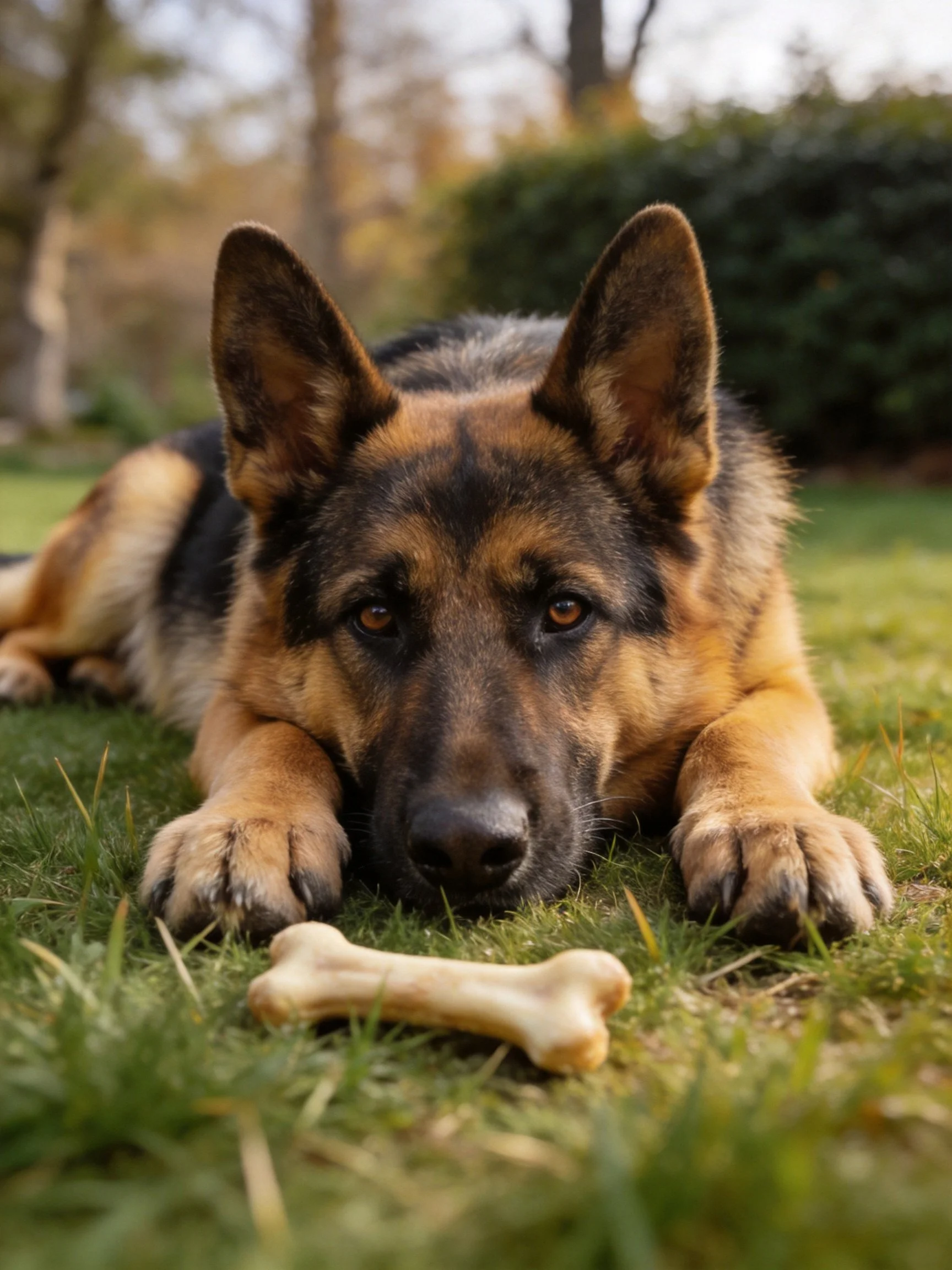 A German Shepherd lies on grass next to a bone in an outdoor setting