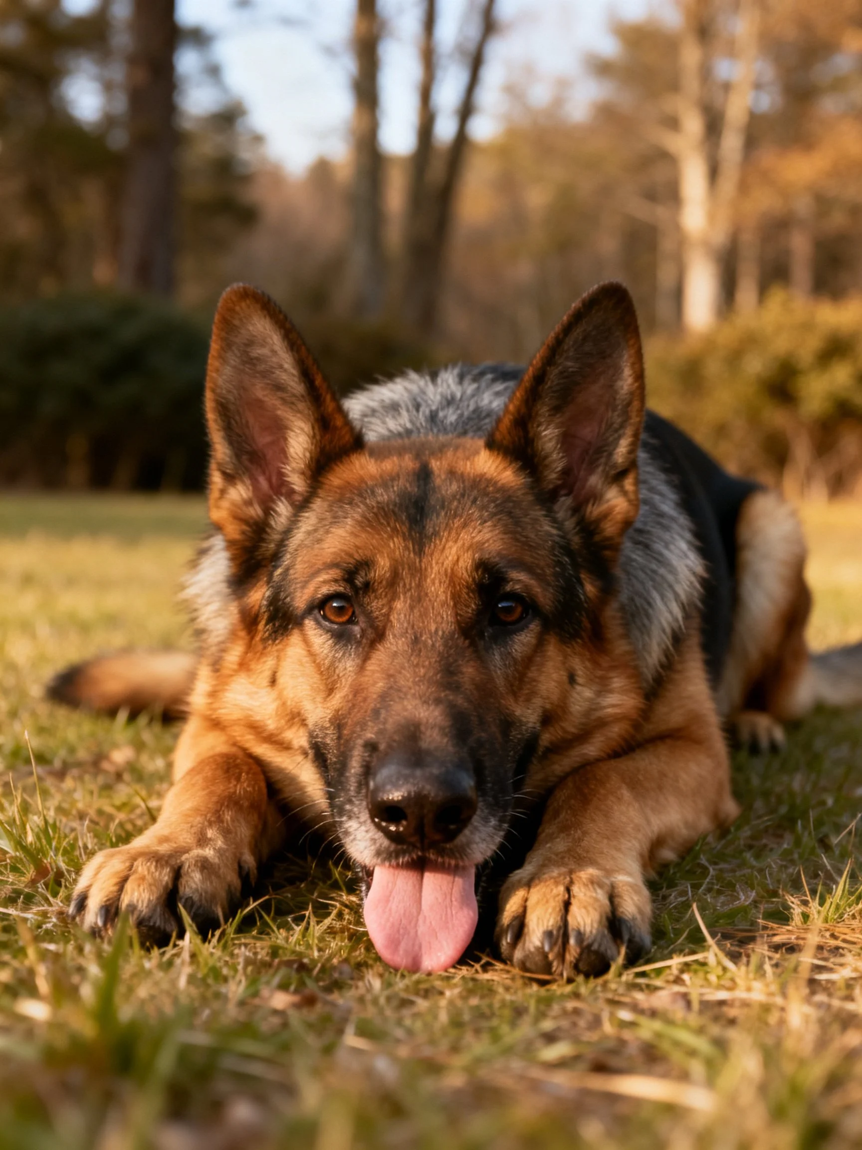 A German Shepherd relaxes on grass in a natural outdoor setting.