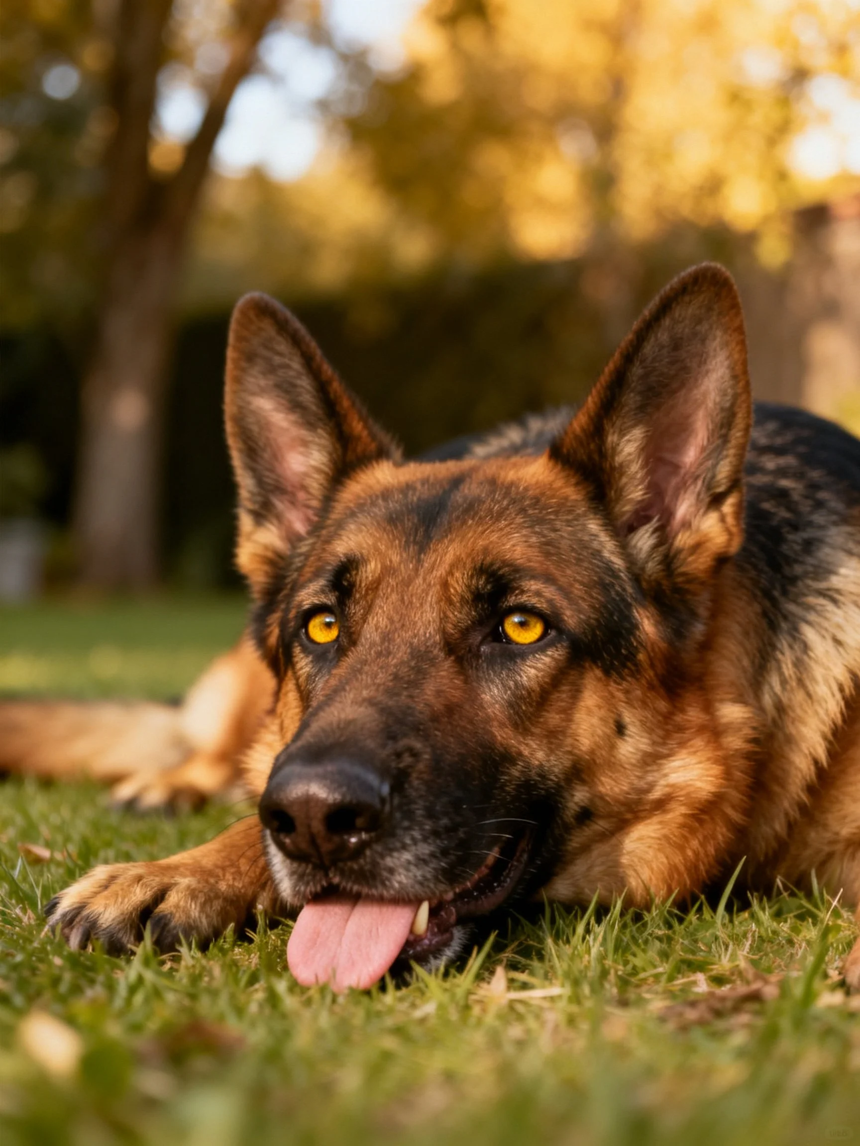 A German Shepherd relaxes on grass in a sunlitoutdoor setting.