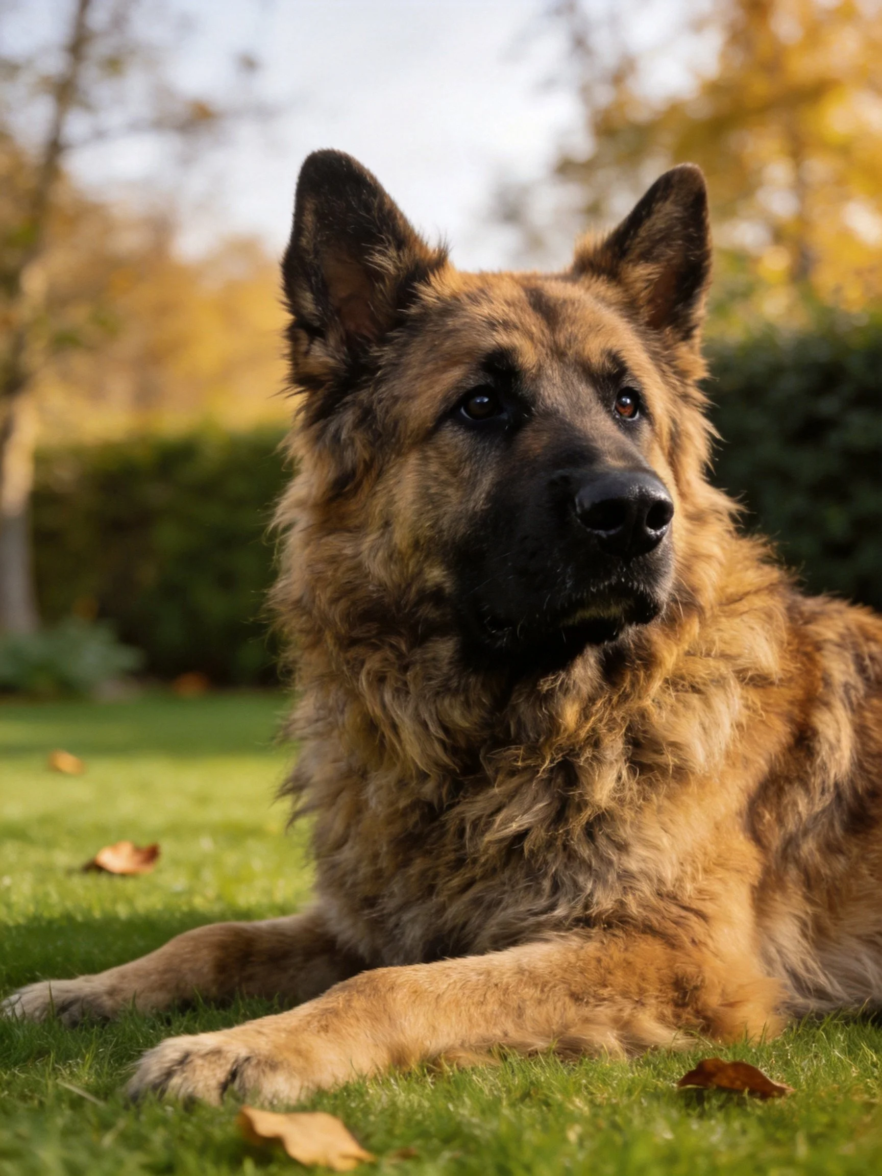 A German Shepherd lies calmly on grass surrounded by autumn elements.