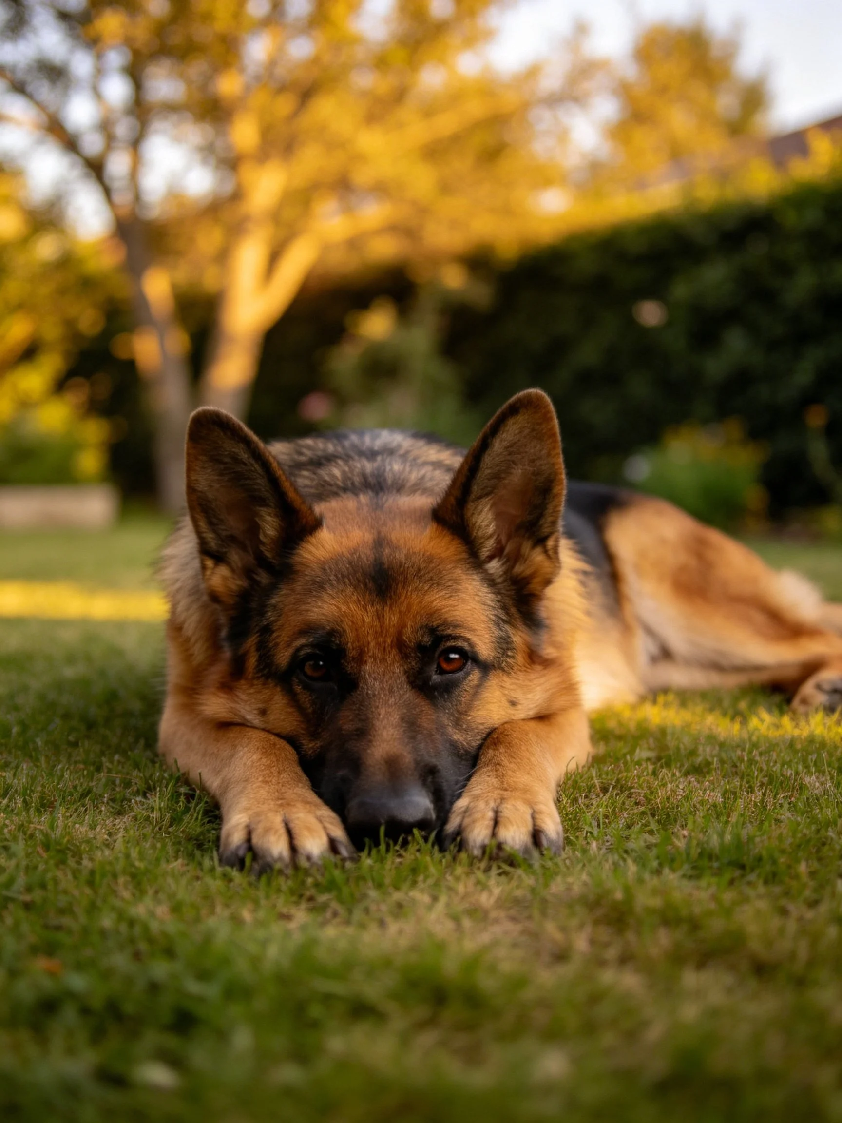 A German Shepherd relaxes on grass in a sunlit outdoor setting.