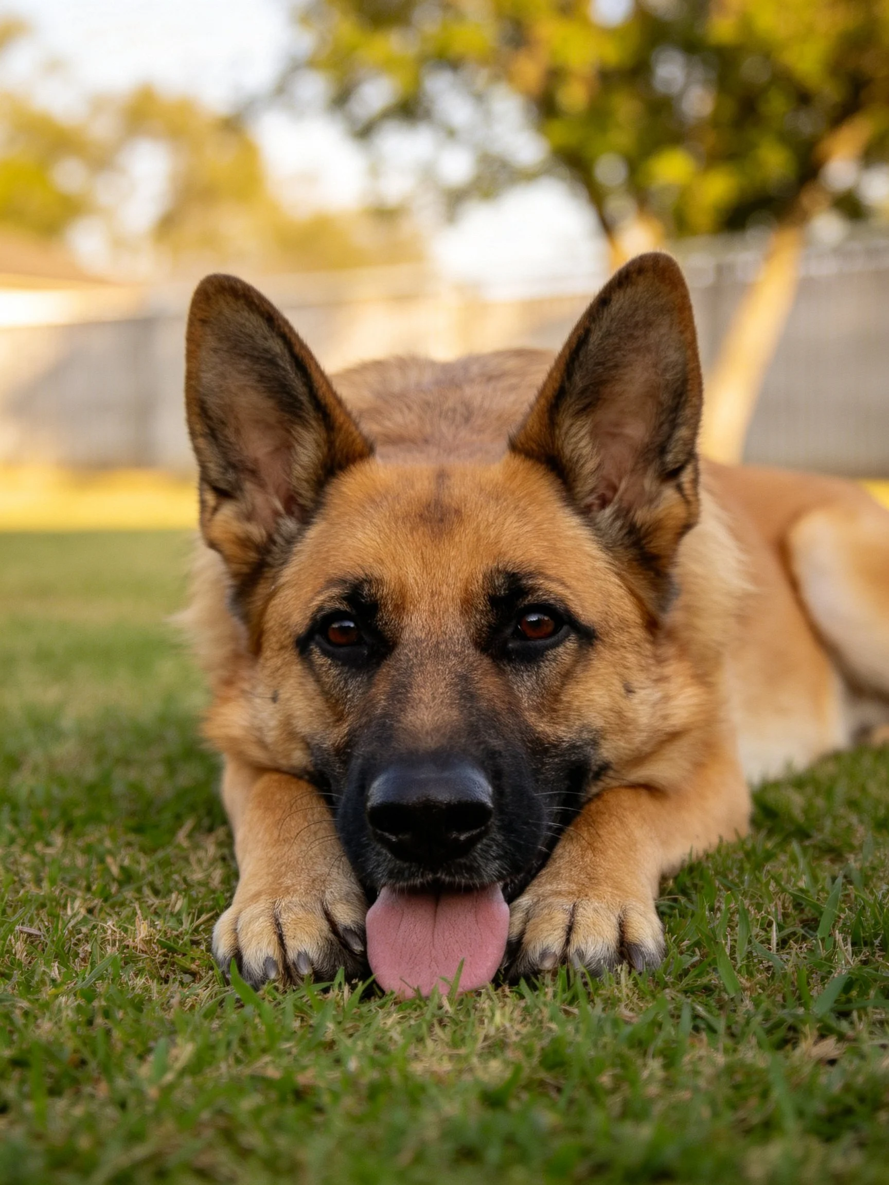 A German Shepherd relaxes on grass in a sunlit outdoor area