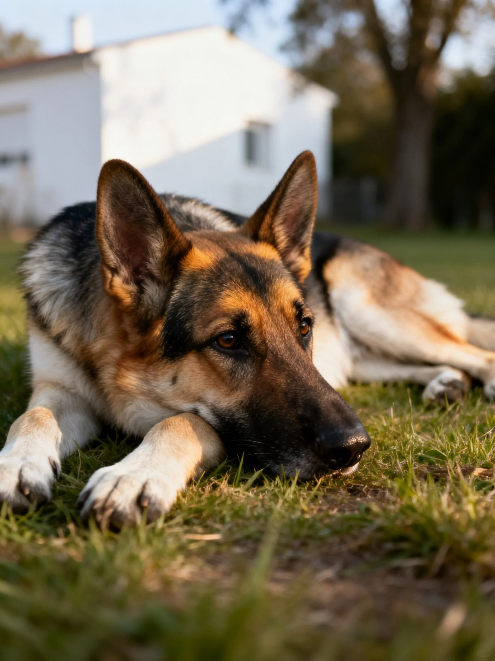 A German Shepherd relaxes on grass with a white house in the background.