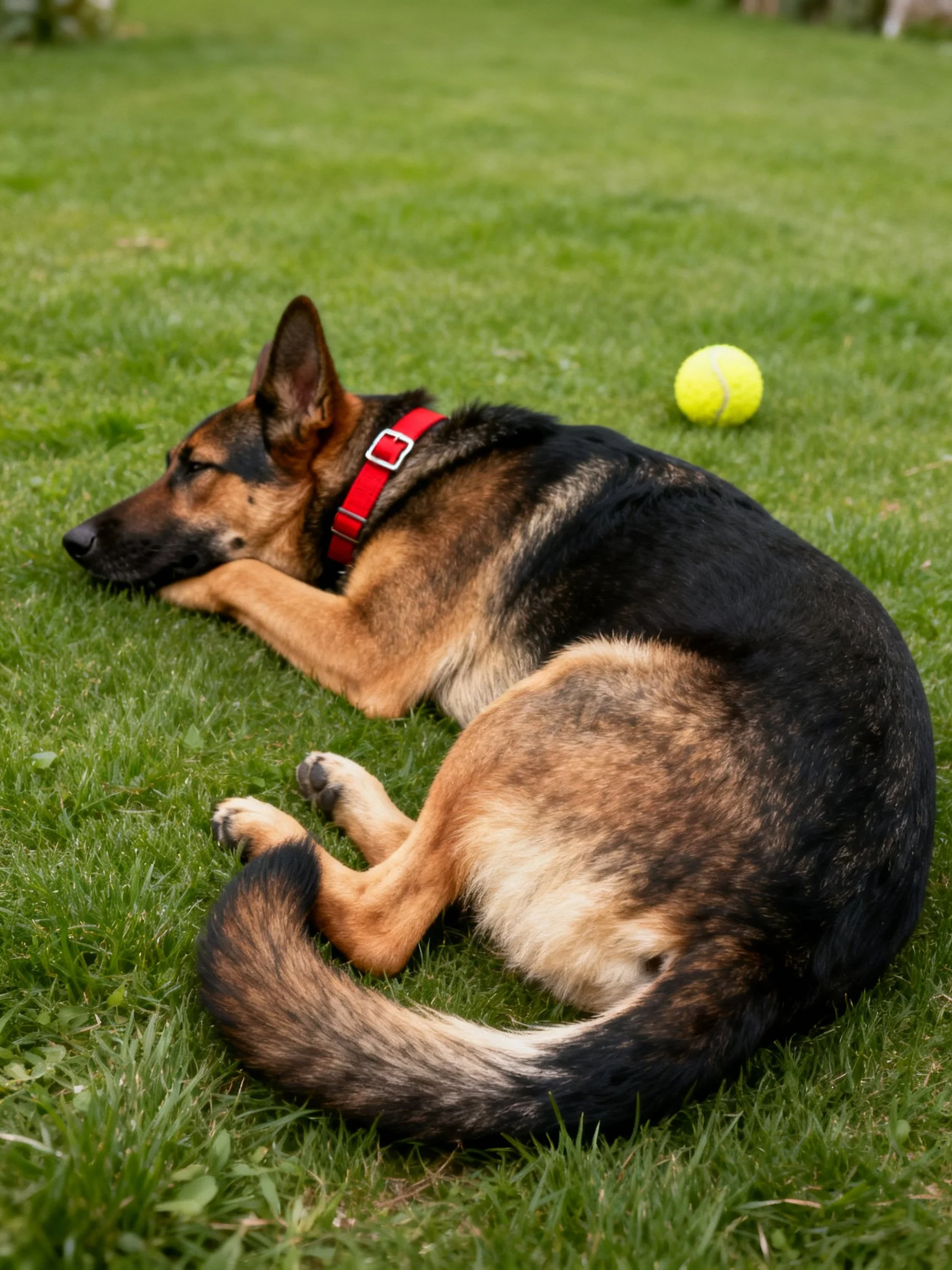 A German Shepherd relaxes on grass near a yellow tennis ball