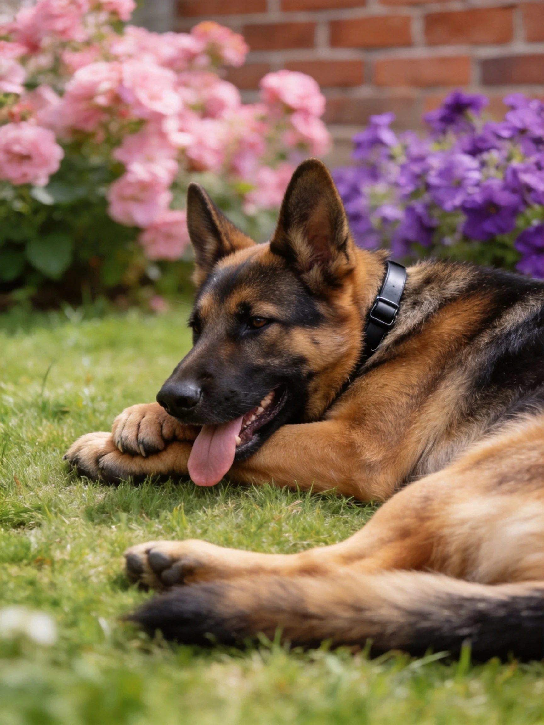 A German Shepherd relaxes on grass surrounded by colorful flowers.