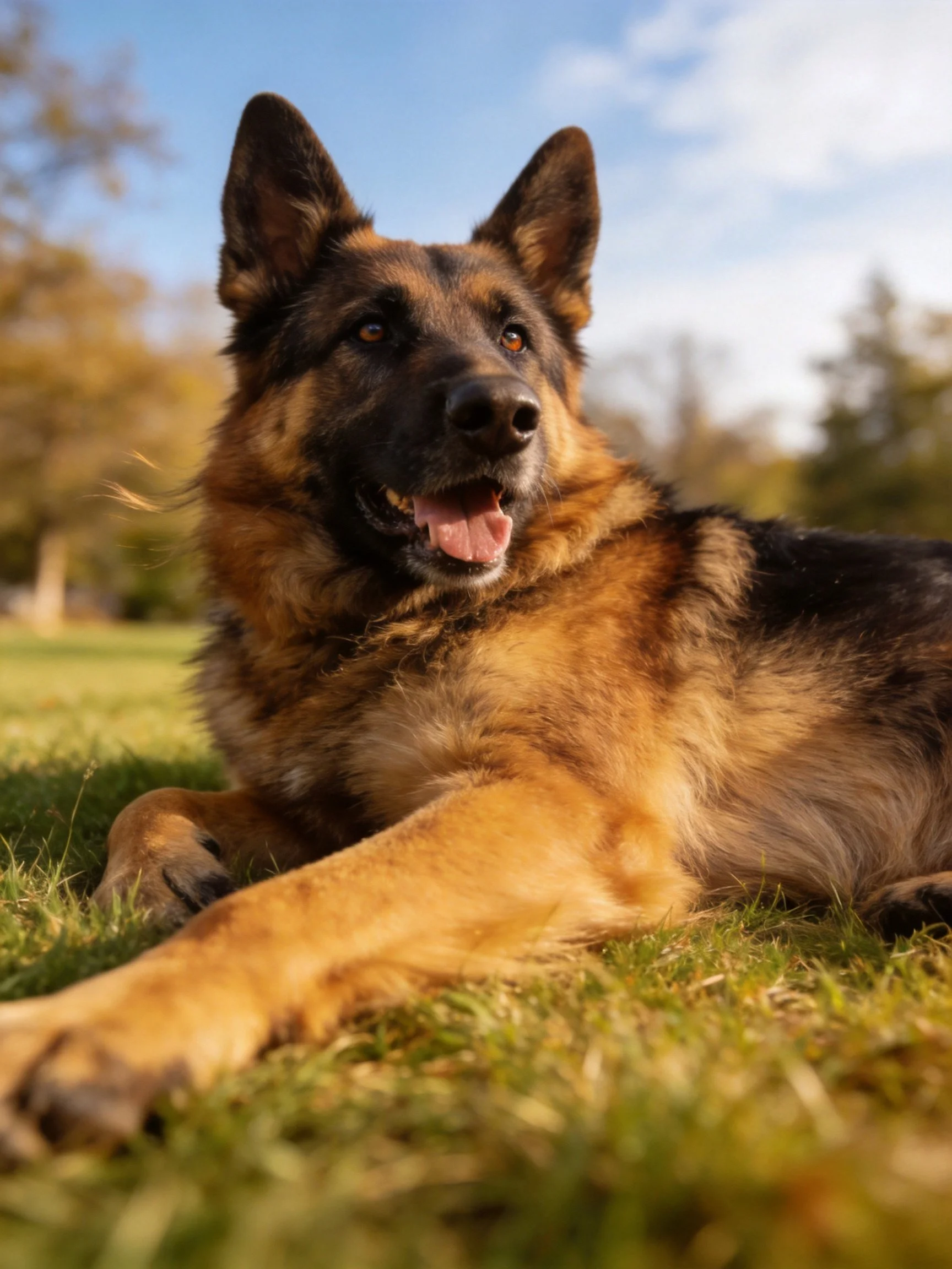 A German Shepherd relaxes on grass in a sunlit outdoor area.