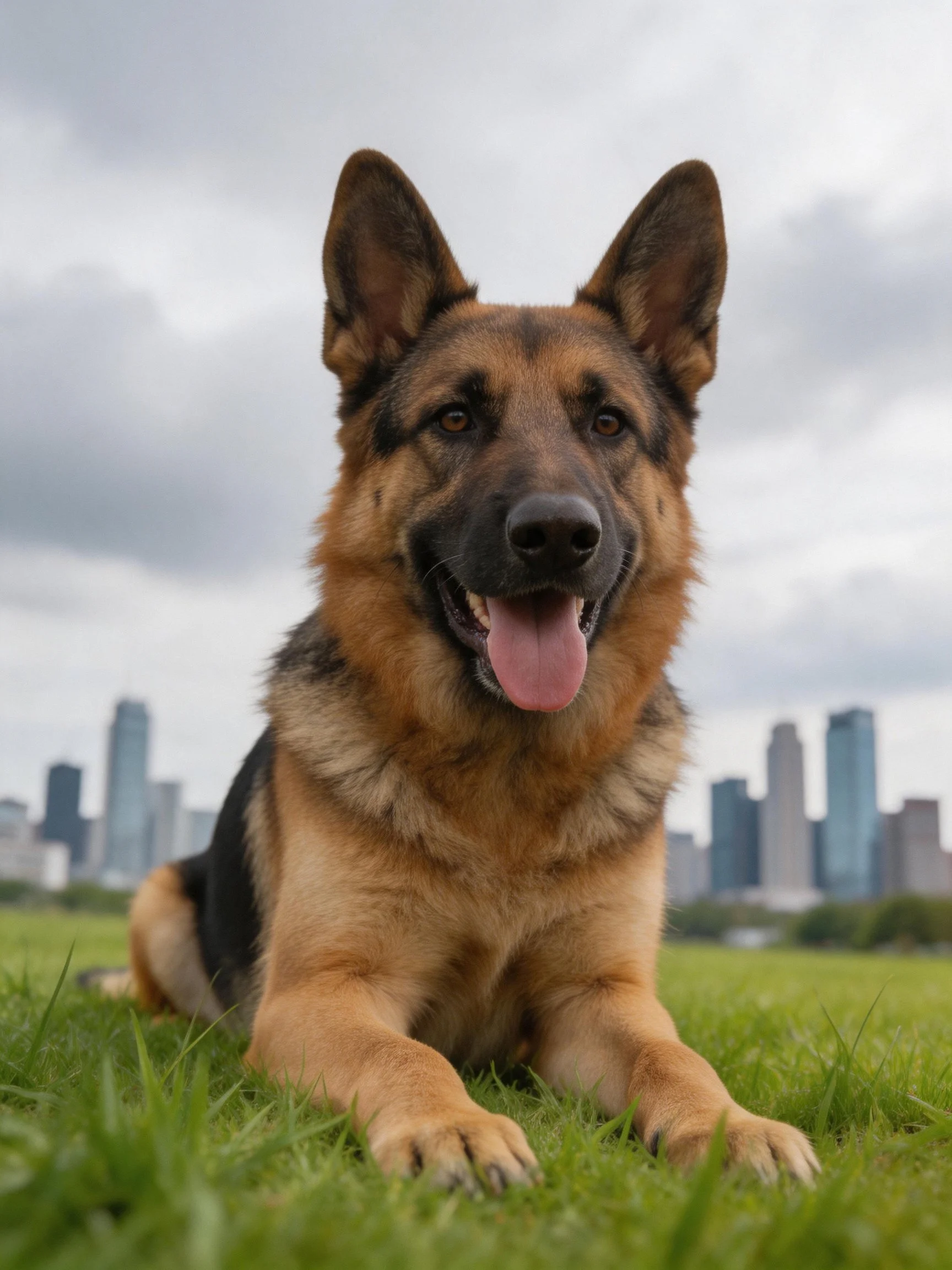A German Shepherd relaxes on grass beside a cityscape.