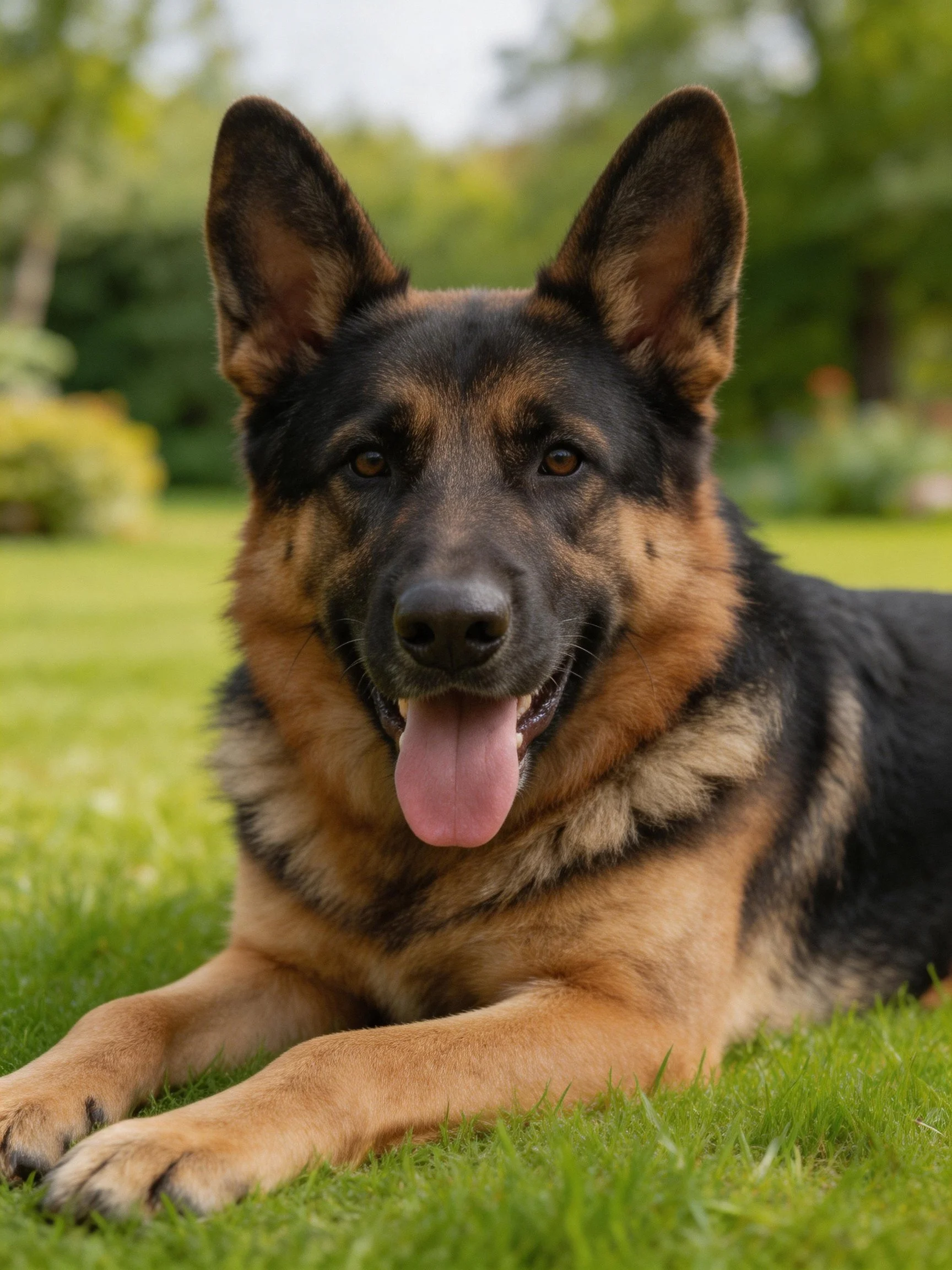 A German Shepherd relaxes on green grass in a bright outdoor environment.