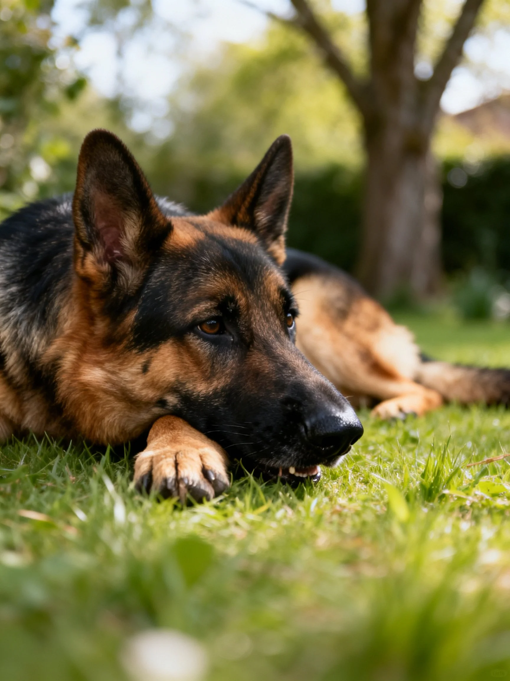 A German Shepherd rests on lush green grass in a sunlit outdoor setting
