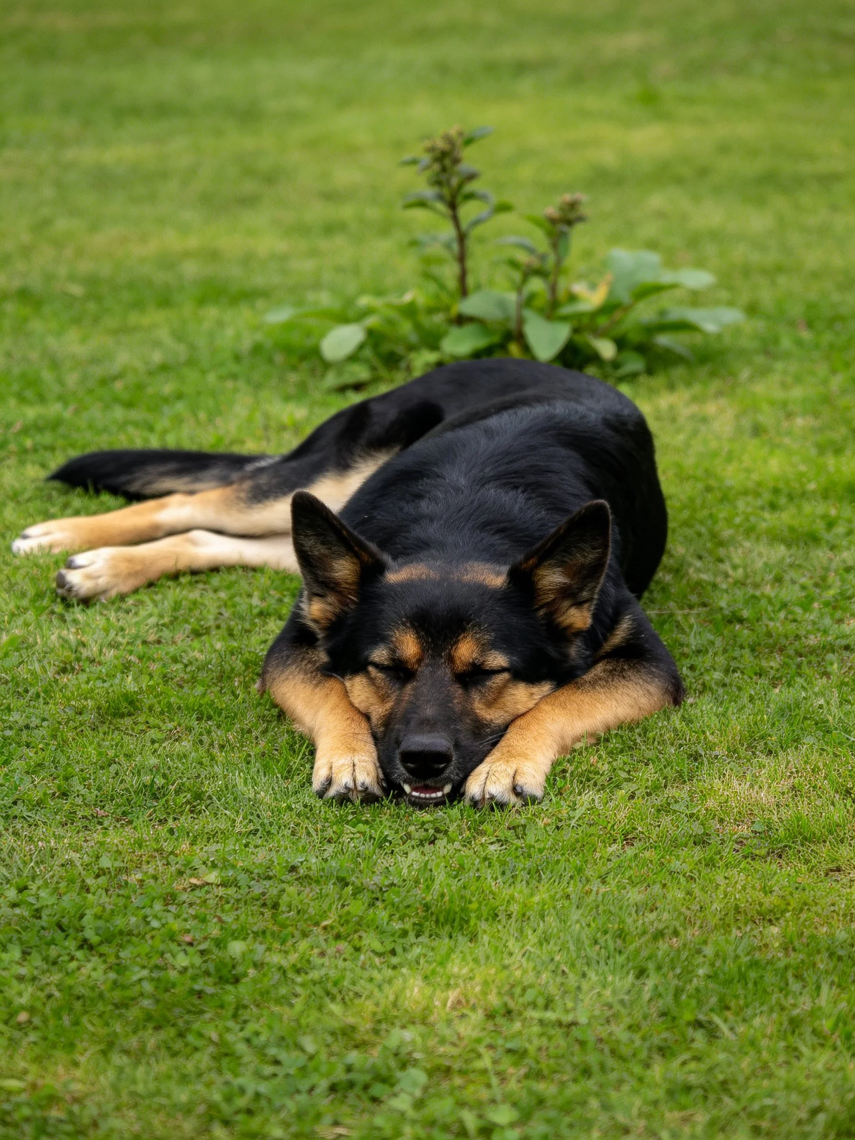 A German Shepherd rests on lush green grass near a small plant