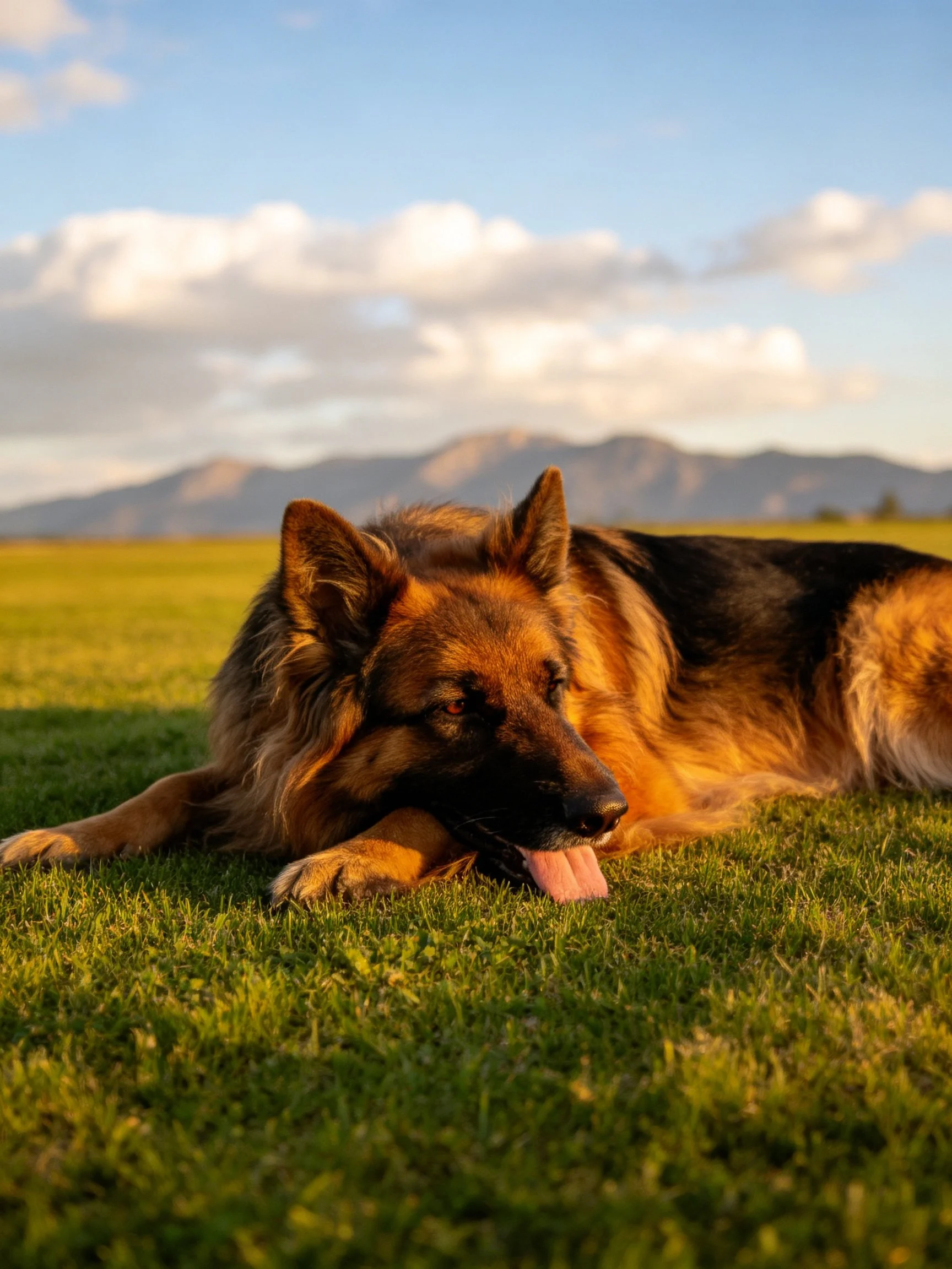 A German Shepherd relaxes on green grass with mountains in the distance.