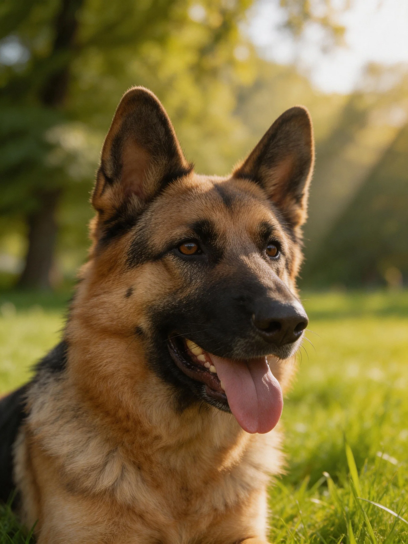 A German Shepherd relaxes on grass in a sunlit outdoor setting.