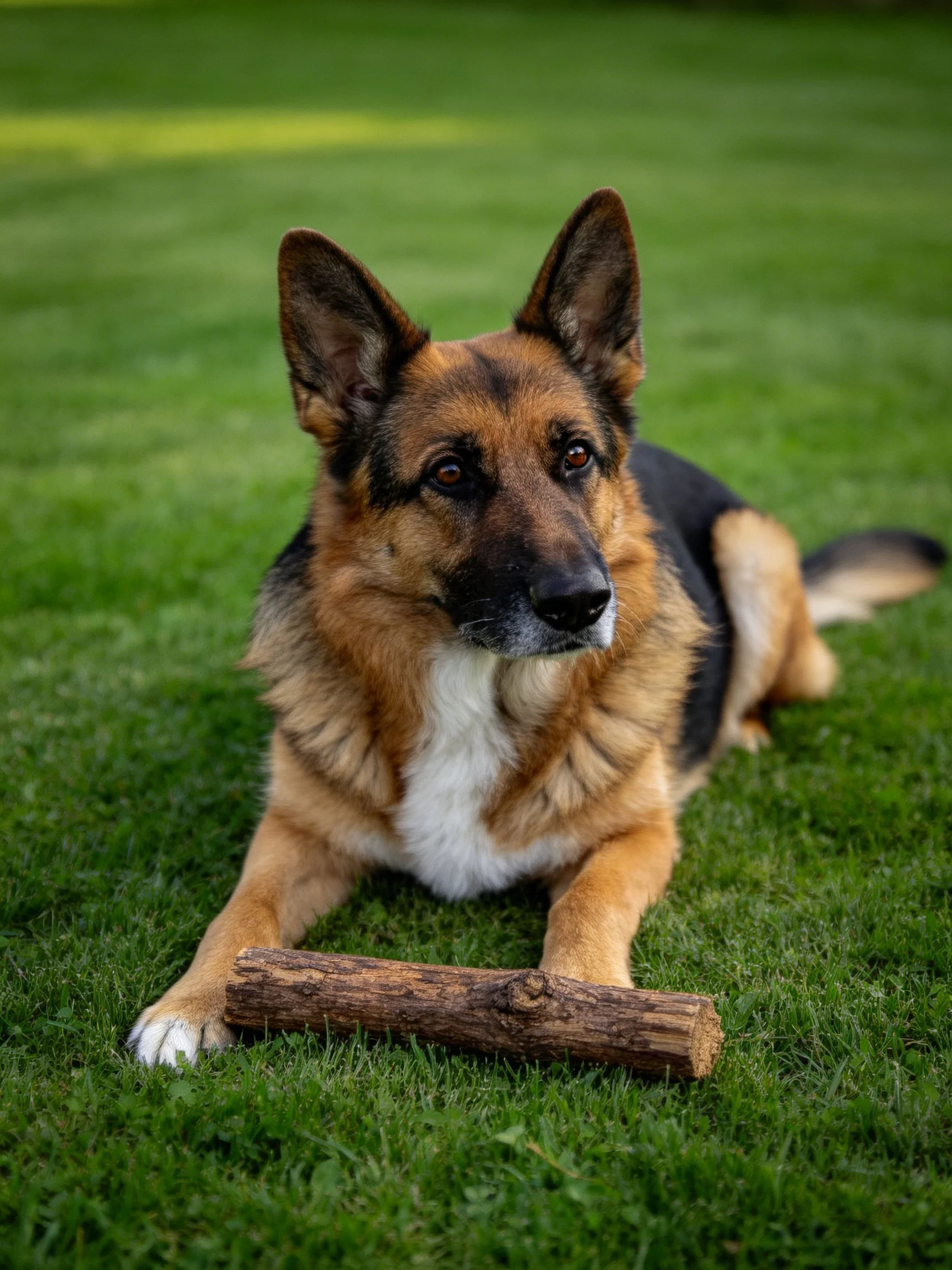 A German Shepherd relaxes on grass beside a wooden log
