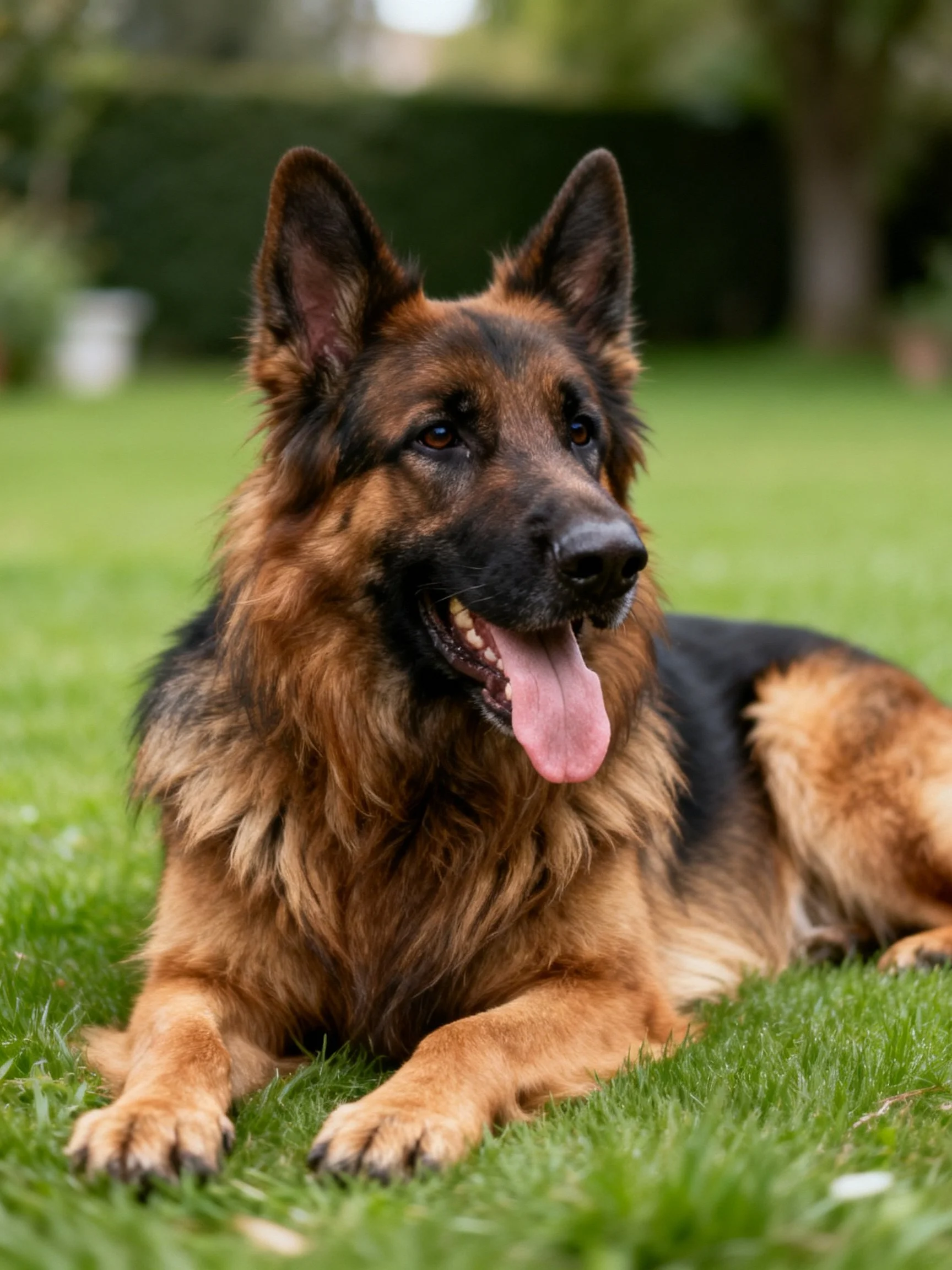 A German Shepherd relaxes on green grass in a serene outdoor environment.