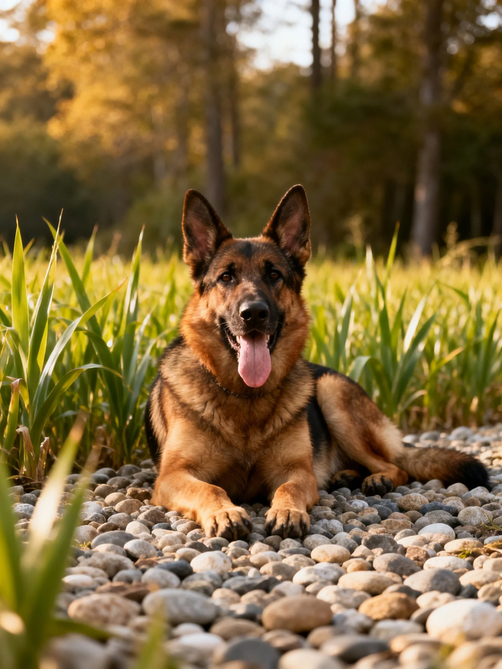 A German Shepherd relaxes on pebbles in a sunlit outdoor setting with tall grass