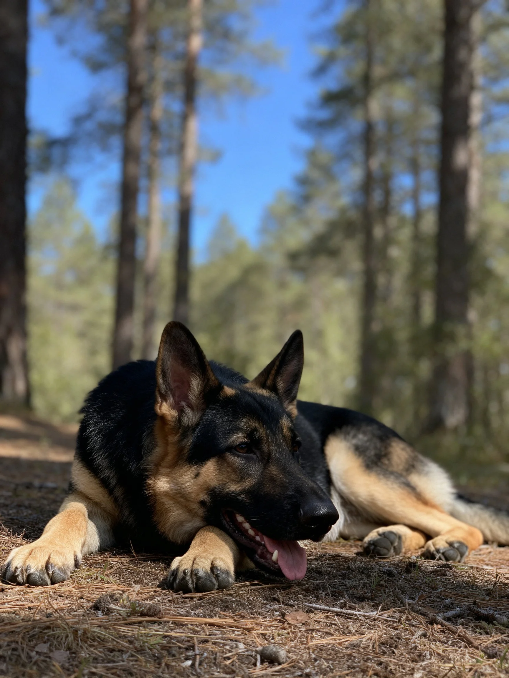A German Shepherd relaxes on pine needles among tall trees in bright daylight.