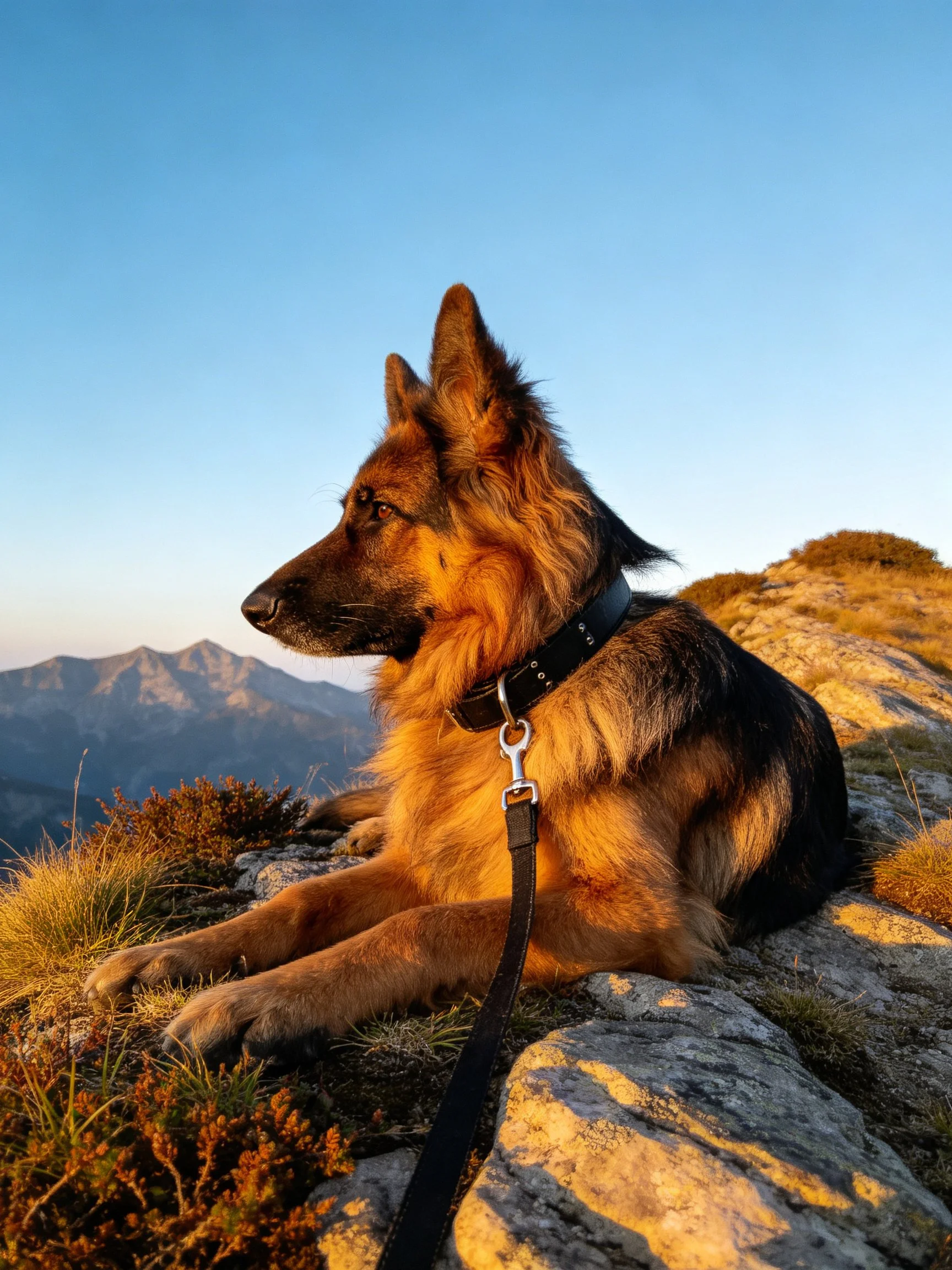 A German Shepherd relaxes on rocky terrain with mountains in the distance.