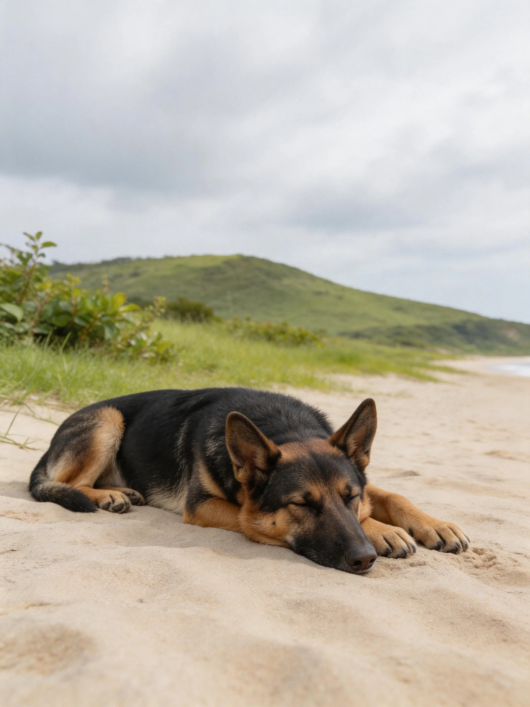 A German Shepherd sleeps on a sandy beach with green hills in the distance.