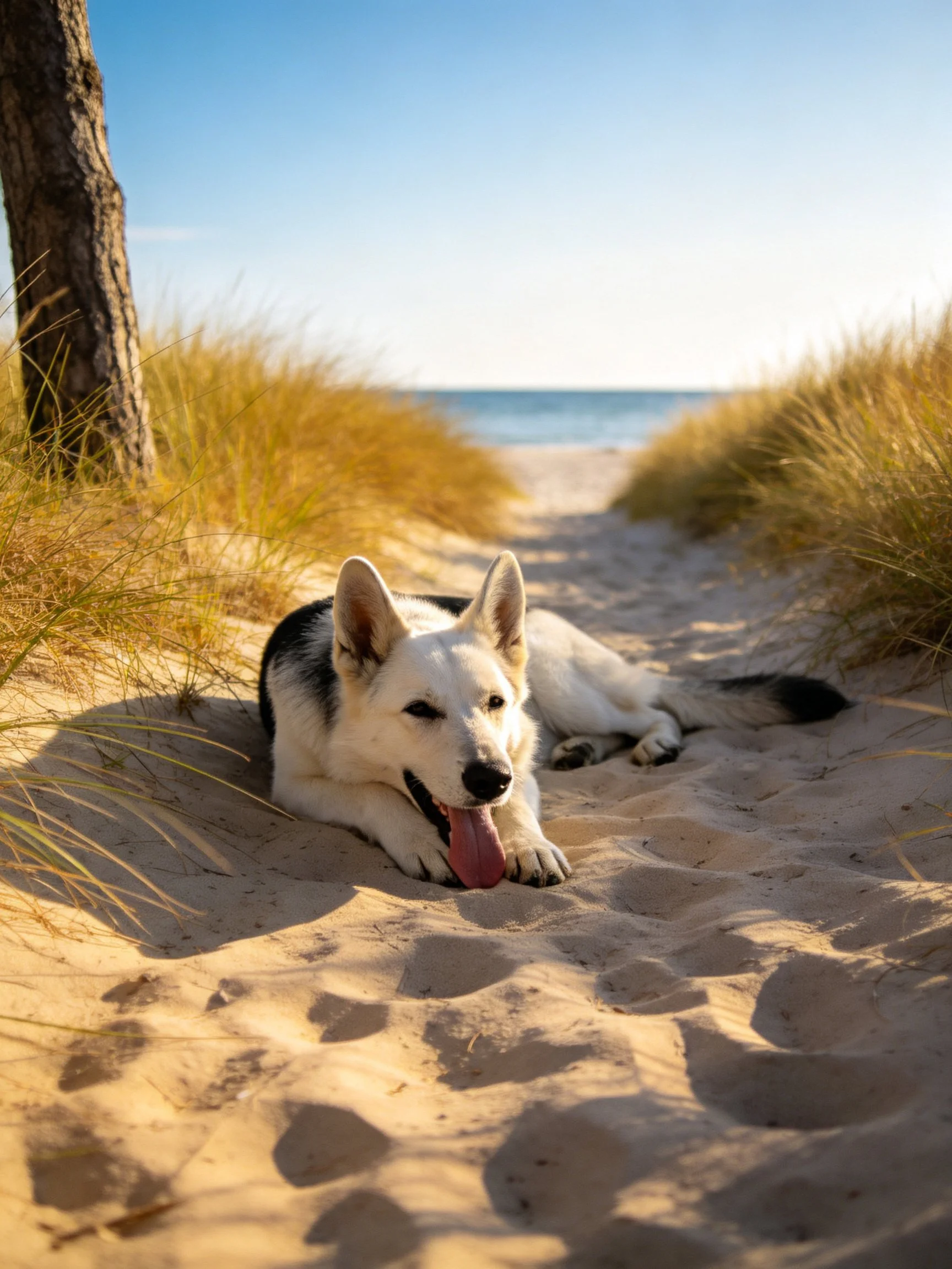A German Shepherd relaxes on a sandy beach path near tall grass.