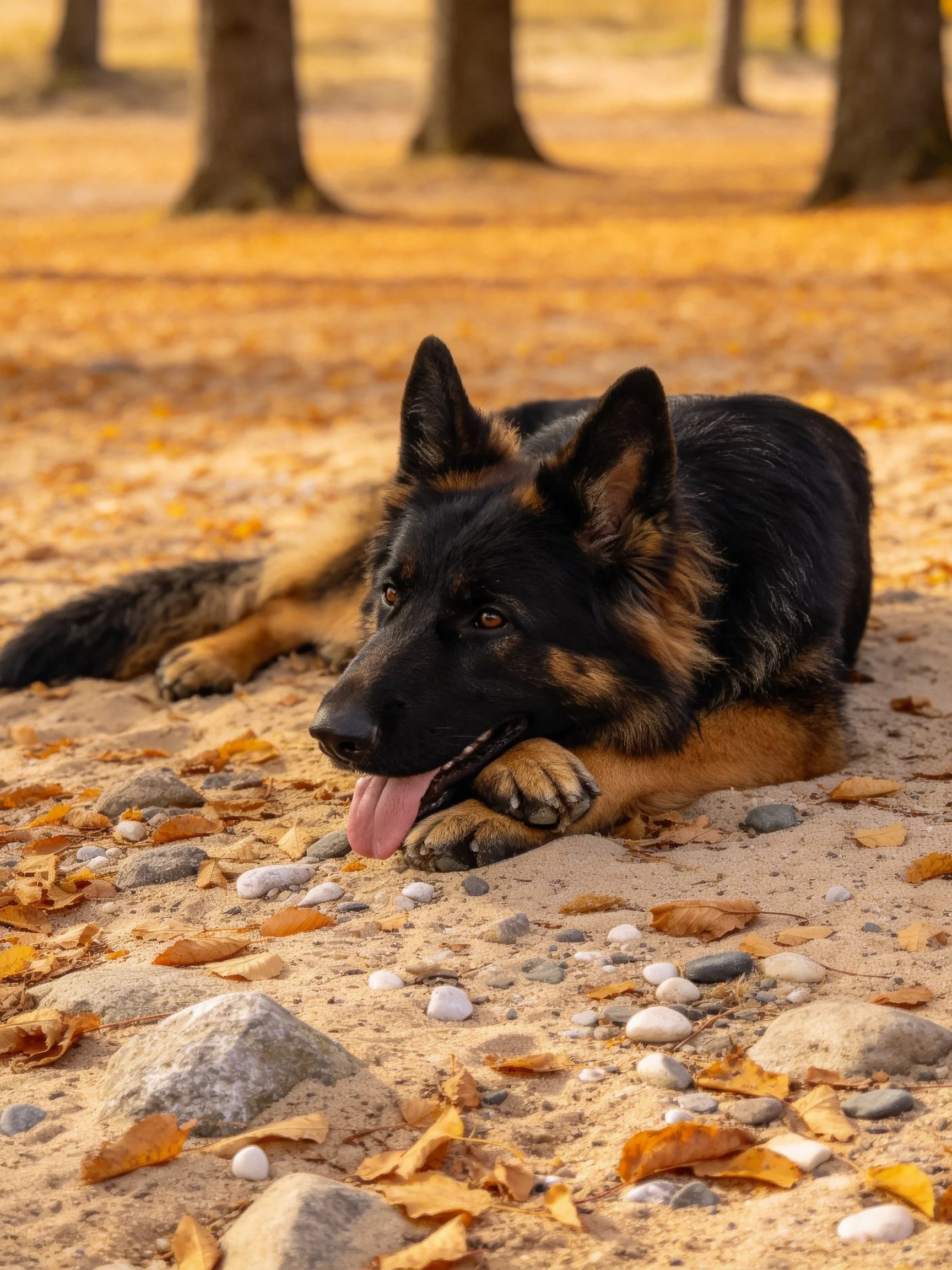 A German Shepherd relaxes on sandy ground surrounded by autumn leaves and stones.