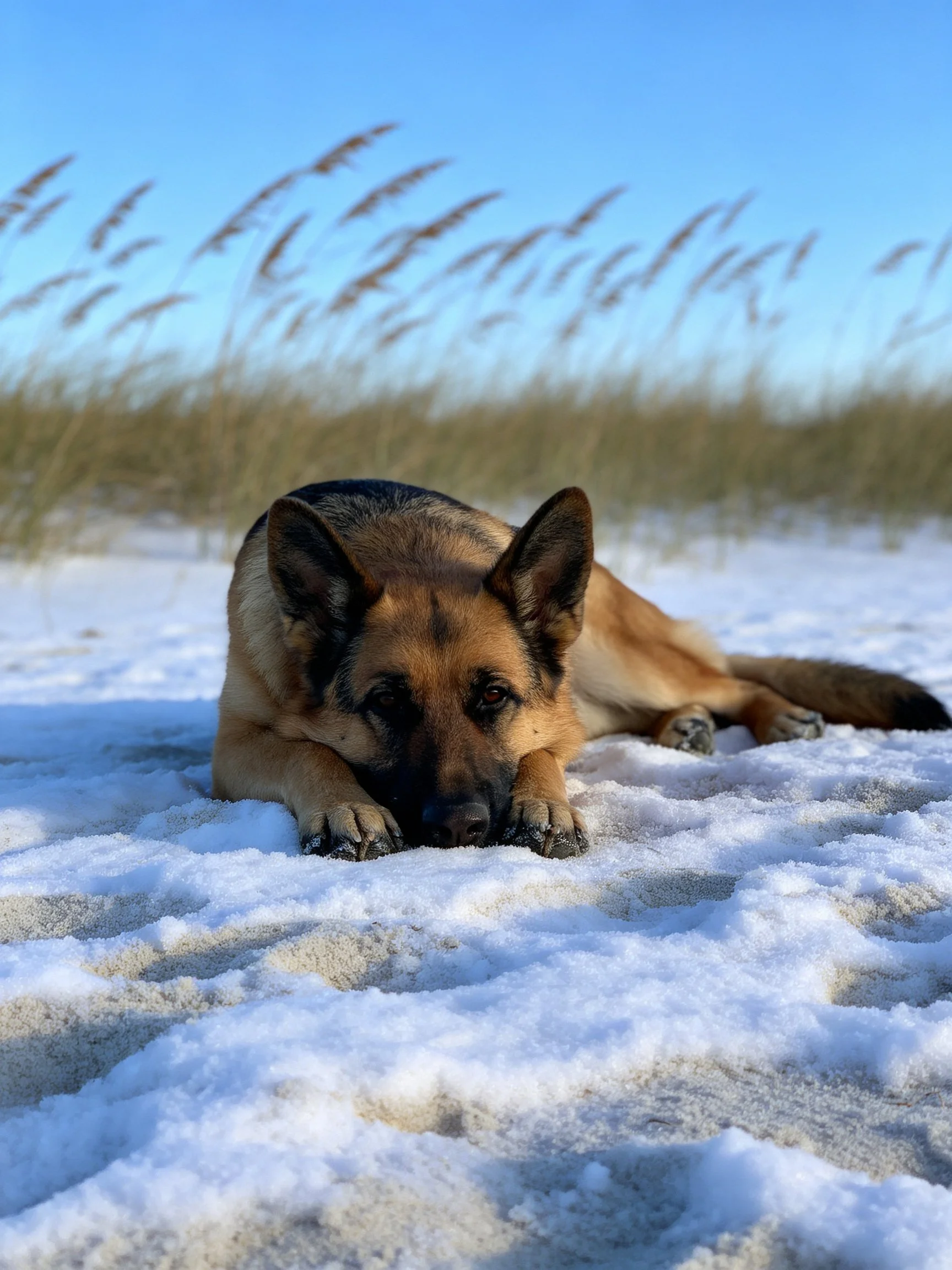 A German Shepherd relaxes on snow-dusted sand near tall grasses.