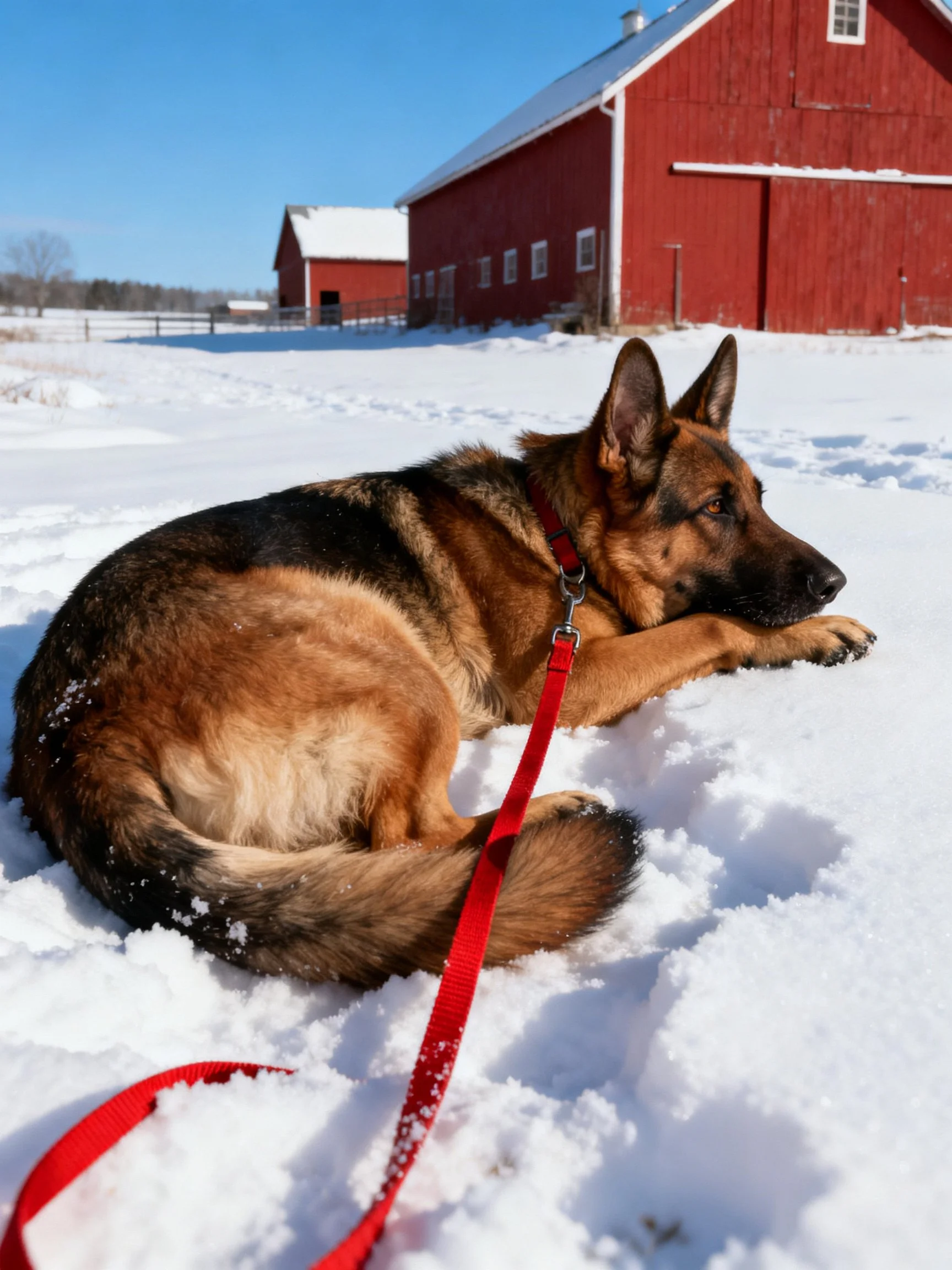 A German Shepherd relaxes on snow close to red farm buildings.