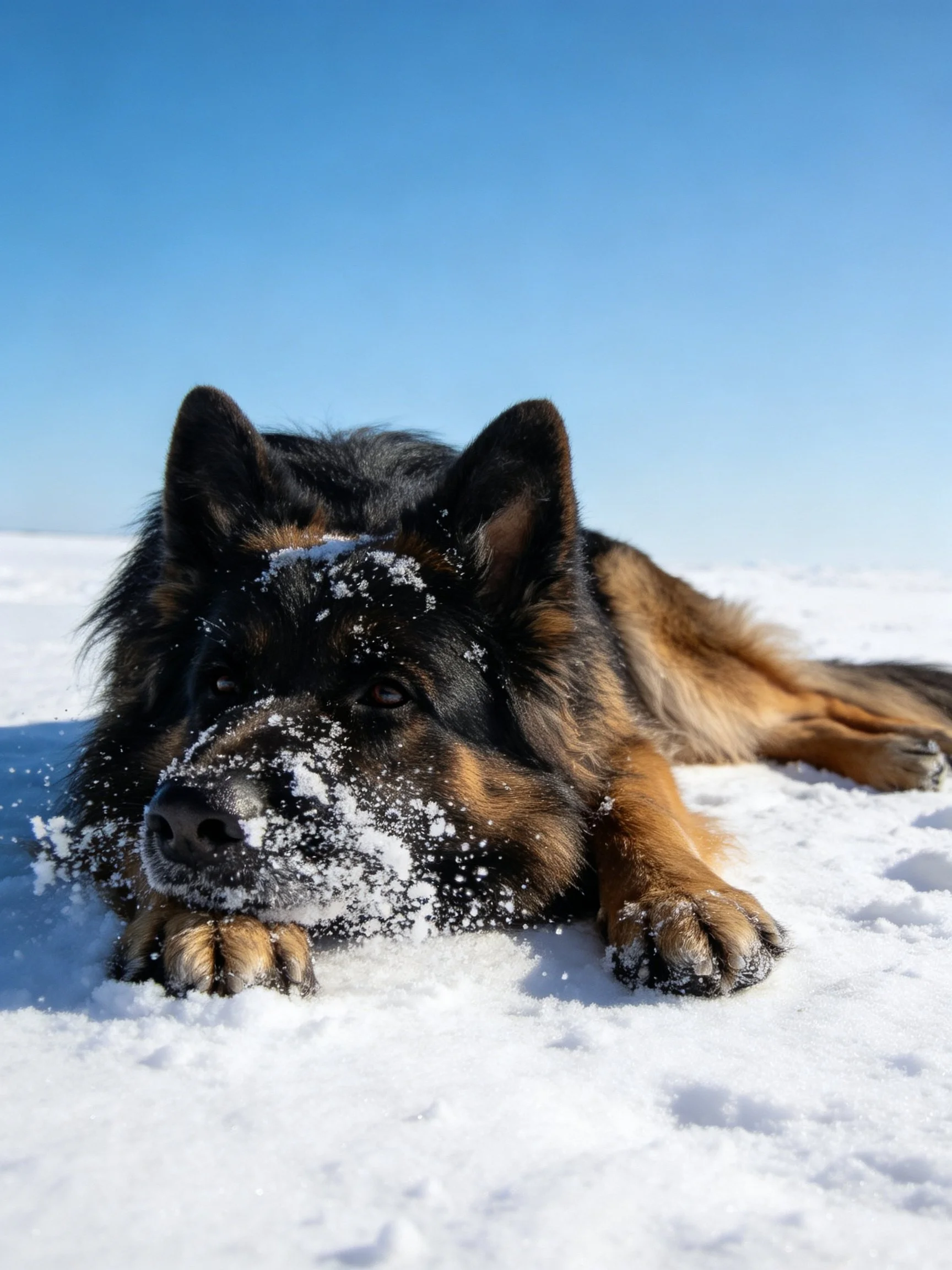 A German Shepherd relaxes on snow with snow on its face.