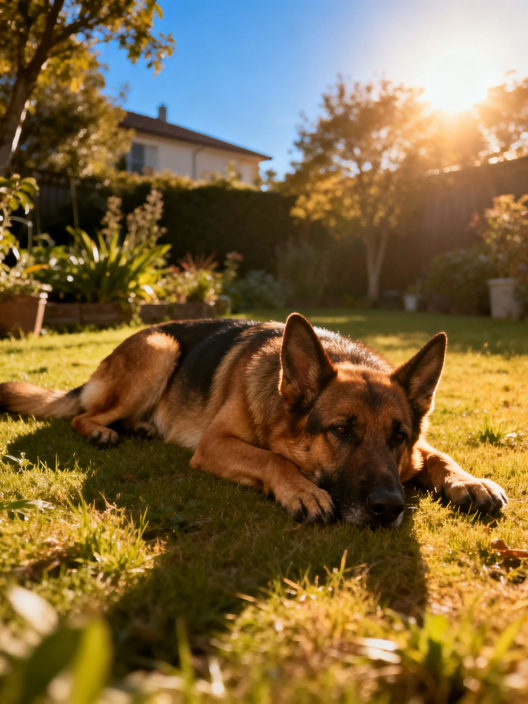 A German Shepherd relaxes on grass in a sunlit backyard.