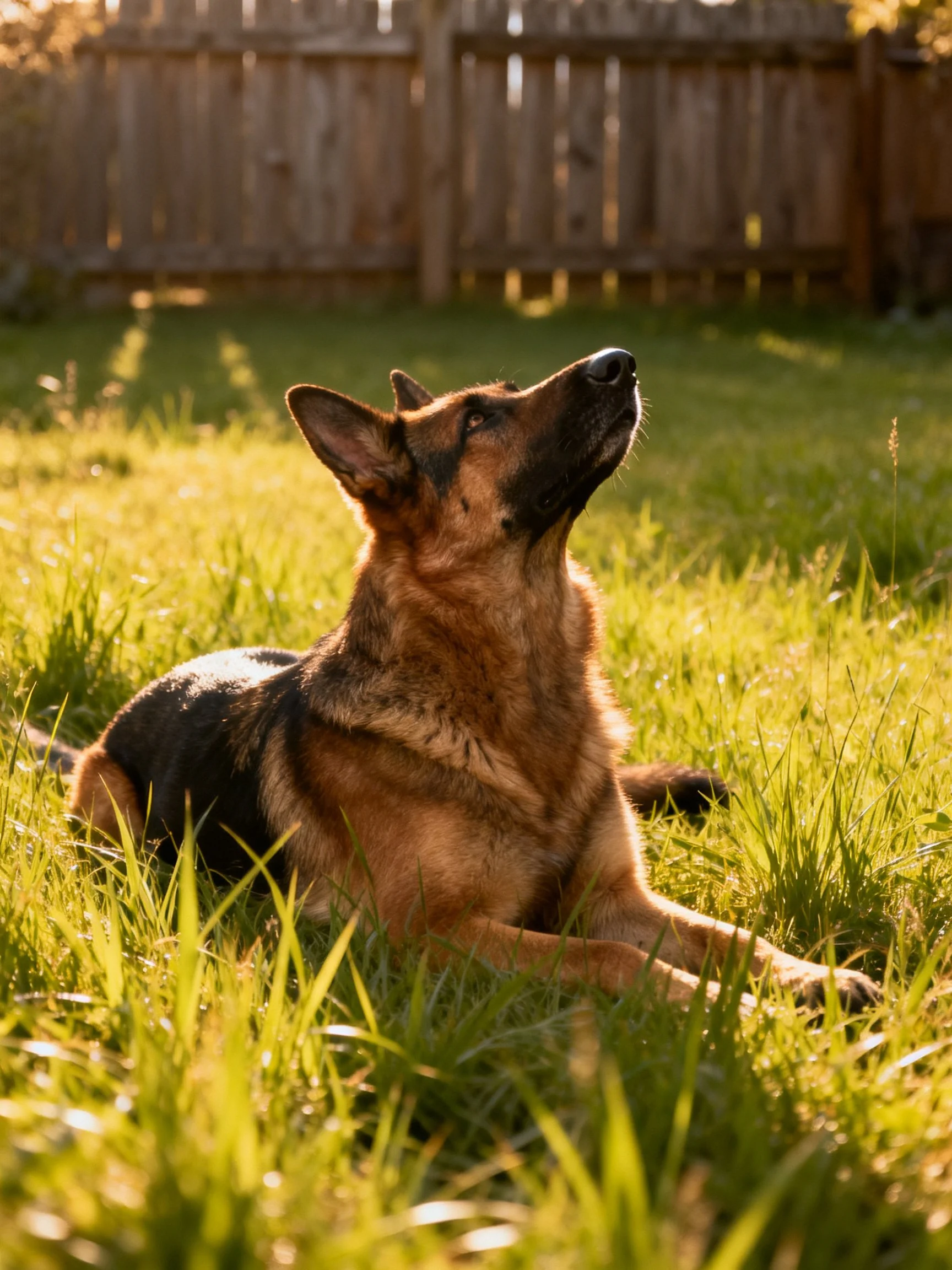 A German Shepherd relaxes on grass in a sunlit backyard with a wooden fence.