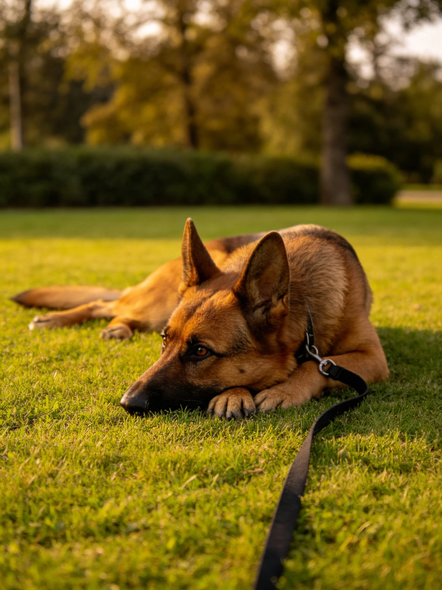 A German Shepherd relaxes on grass with a leash in a sunlit outdoor setting.