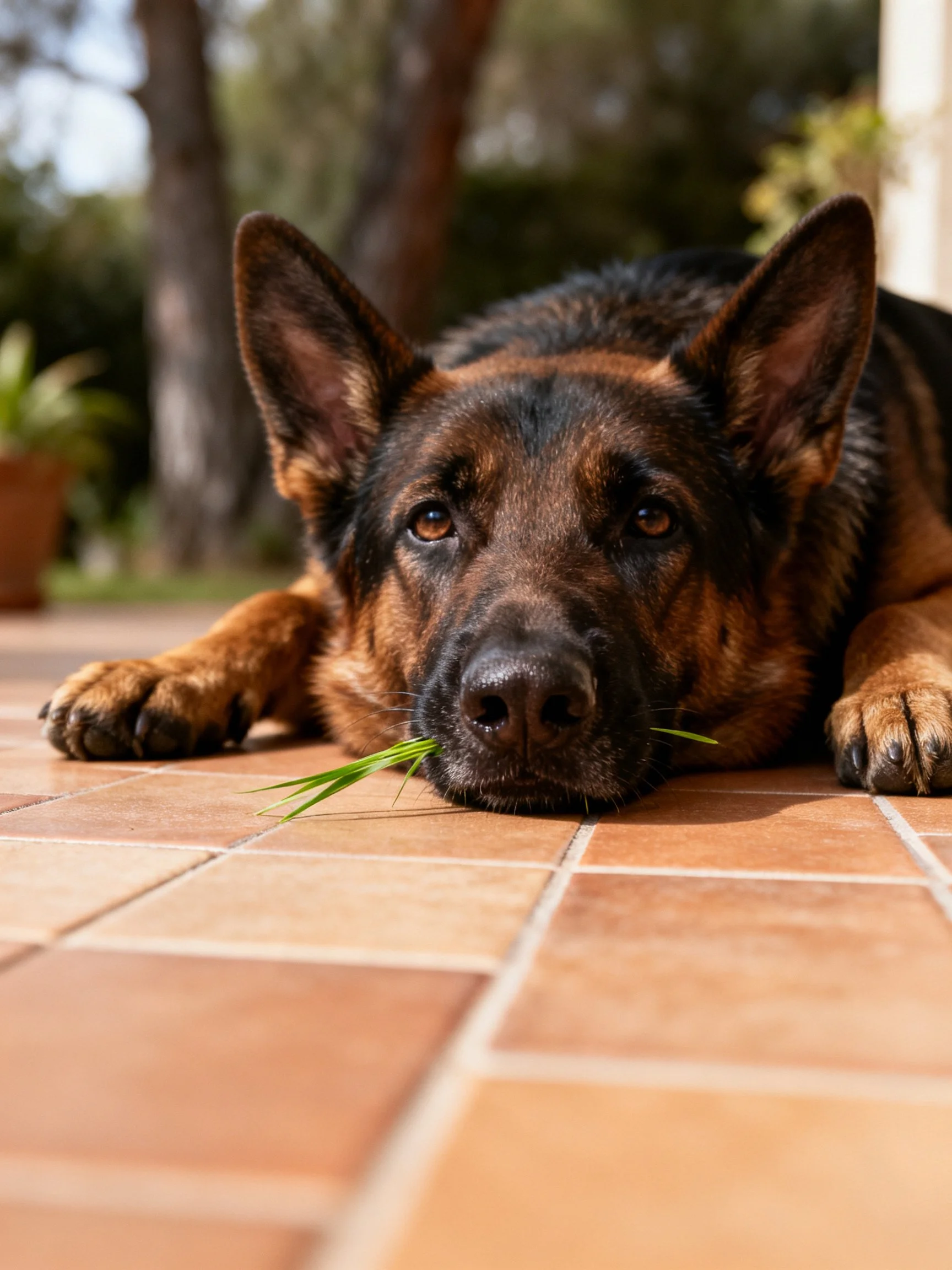 A German Shepherd rests on terracotta tiles with grass in its mouth
