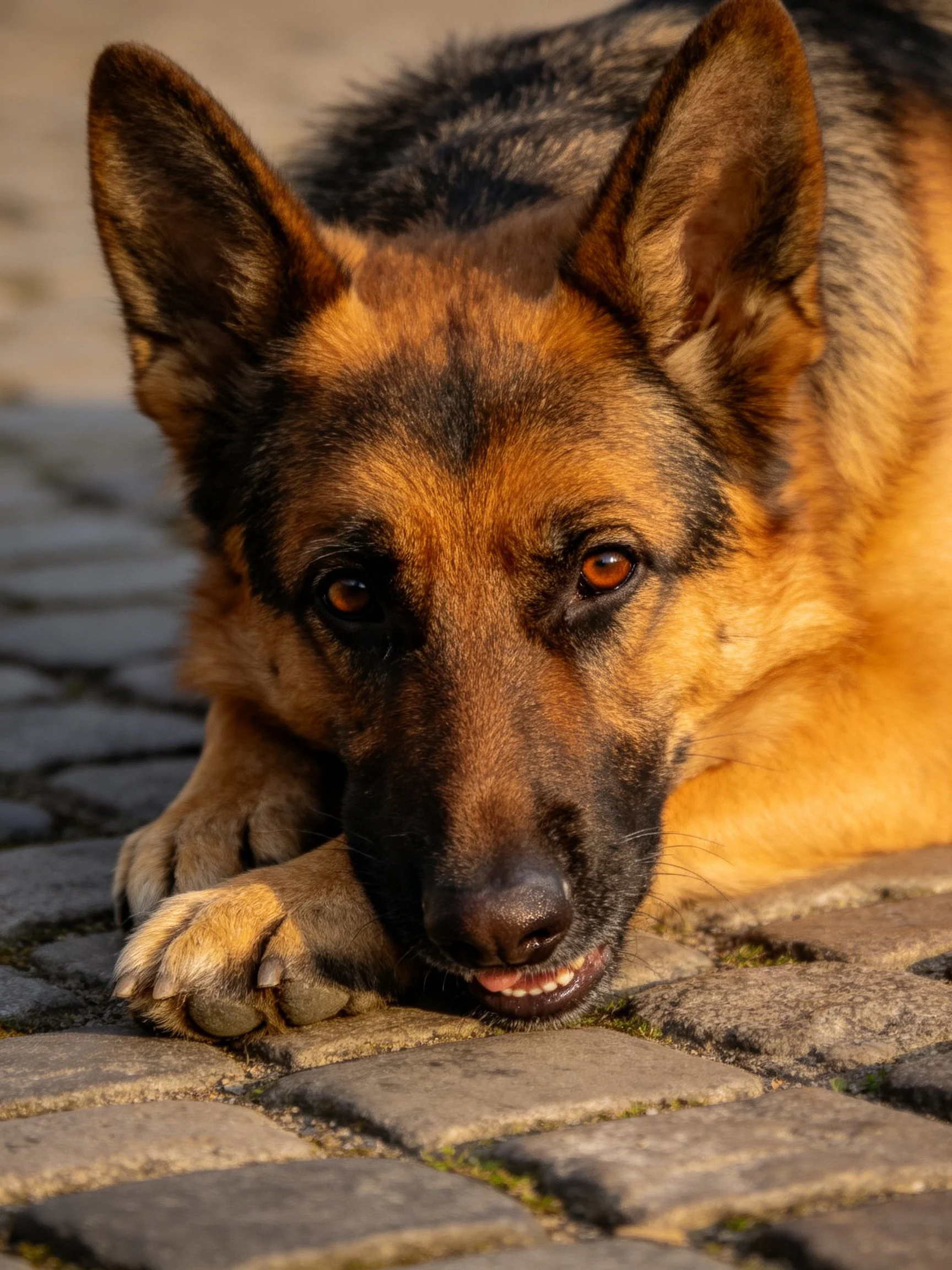 A German Shepherd rests on textured cobblestones with tan and dark fur