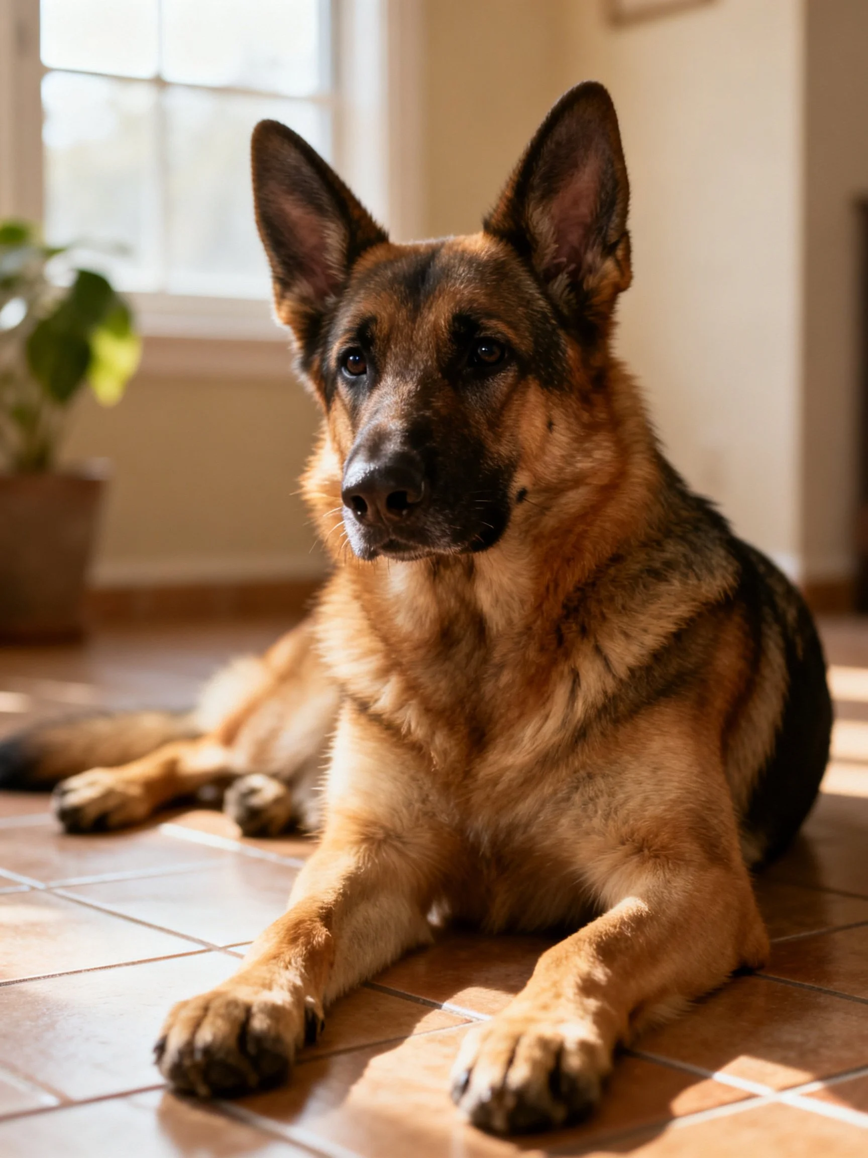 A German Shepherd rests on tiled flooring near a window