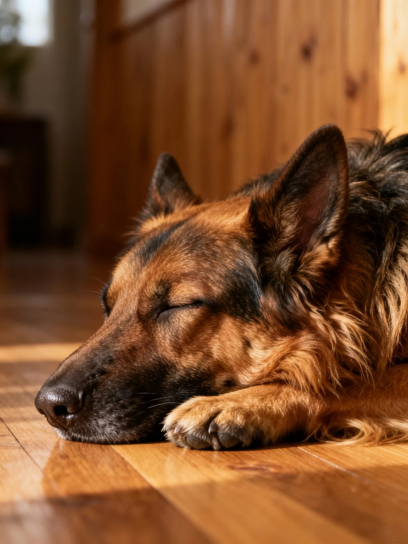 A German Shepherd rests peacefully on a sunlit wooden floor