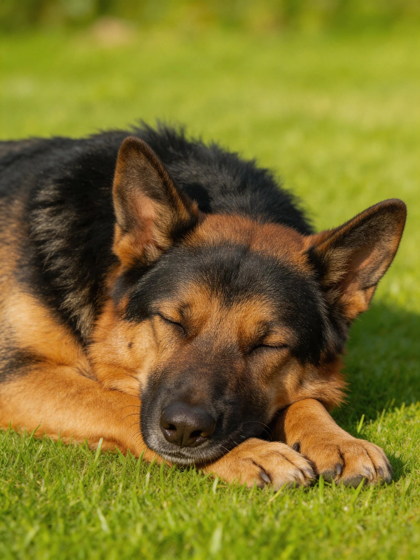 A German Shepherd sleeps soundly on lush green grass.