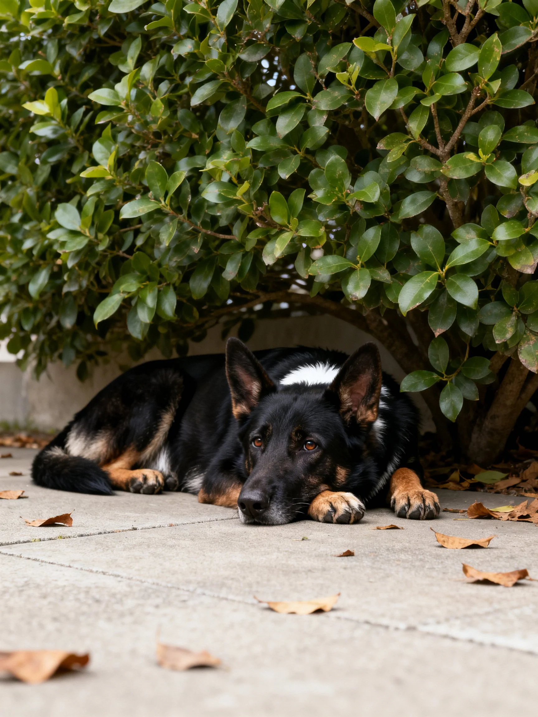 A German Shepherd lies quietly beneath a bush on a paved surface